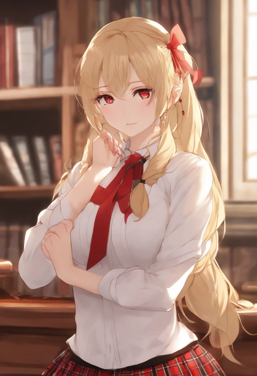 junko enoshima, blonde long hair, 1girl, twintails, solo, breasts, blue eyes, cleavage, collarbone, large breasts, bangs, blush, closed mouth, smirk, looking at viewer, upper body, bear hair ornament, nail polish, red nails, red bow, black shirt, underwear, choker, black bra, sleeves rolled up, white necktie, pleated plaid red skirt, school uniform, black cross-laced knee boots, shiny, shiny hair, botw style,