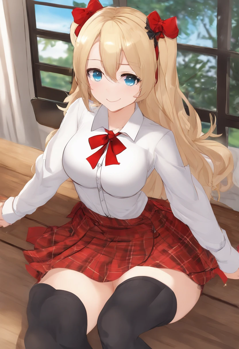 junko enoshima, blonde long hair, 1girl, twintails, solo, breasts, blue eyes, cleavage, collarbone, large breasts, bangs, blush, closed mouth, smirk, looking at viewer, upper body, bear hair ornament, nail polish, red nails, red bow, black shirt, underwear, choker, black bra, sleeves rolled up, white necktie, pleated plaid red skirt, school uniform, black cross-laced knee boots, shiny, shiny hair, botw style,