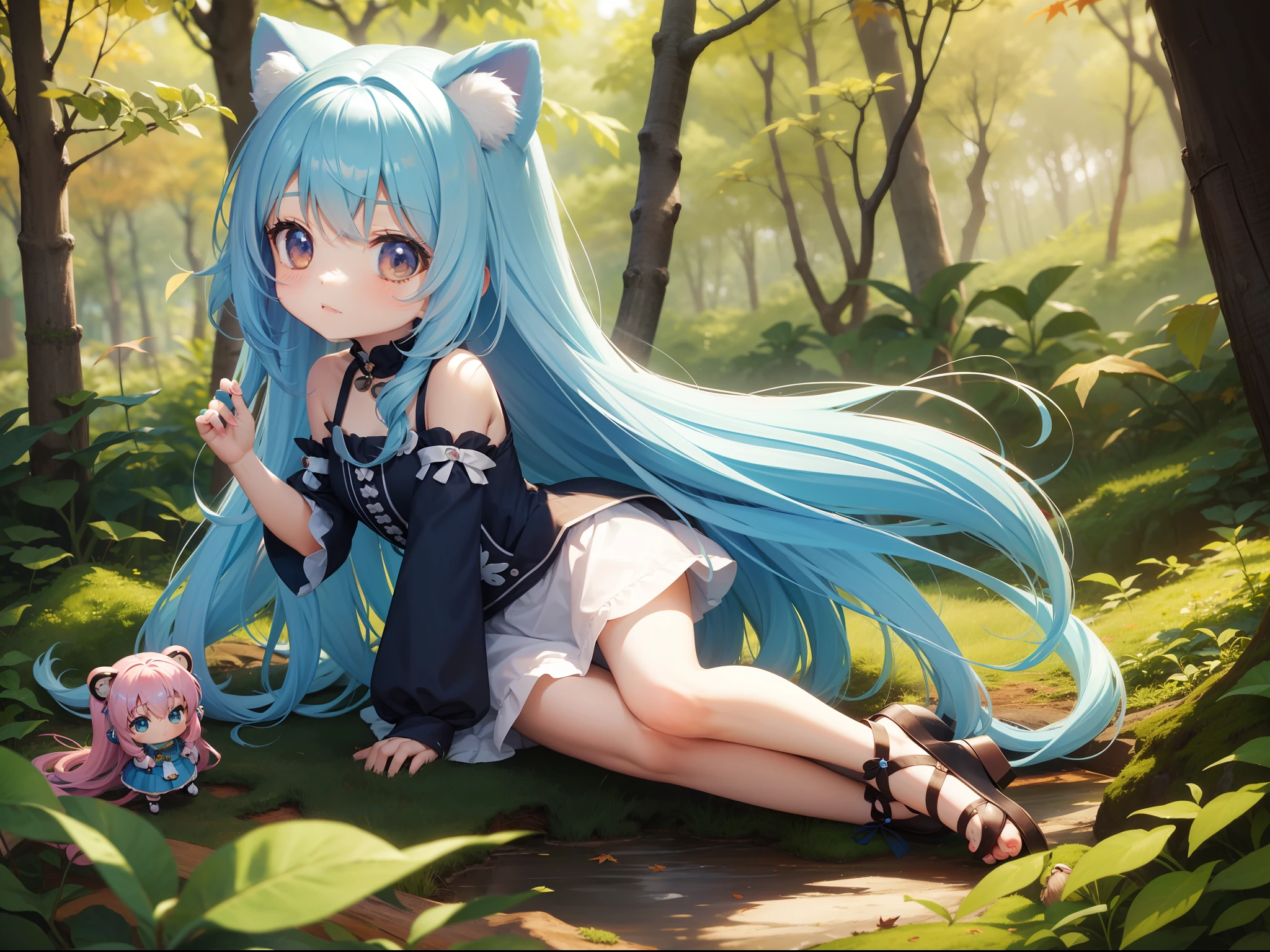 Chibichara　long hair with blue hair((Chibi Chara))、Fluffy、girl with、Chibi Chara、full body Esbian、Pastel colors hair、masutepiece、top-quality、In the forest of autumn leaves、Cute bears are also with us。