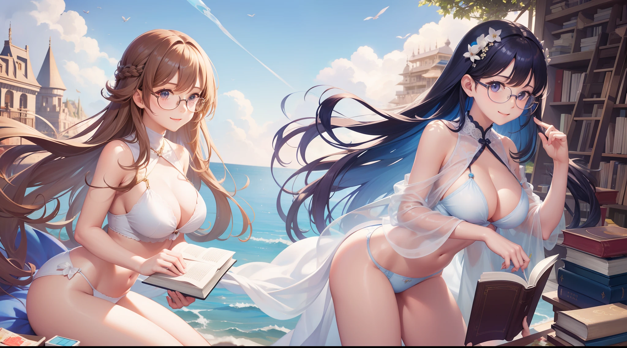 balloons,Winged ,Large breasts,Intimate underwear,sandbeach,blue-sky,baiyun,(Books:1.4),Very many books,Super many books,Long brown hair, Floating hair, side locks, Beautiful detailed glass hair, Delicate beautiful face,Wearing glasses, Happy smile