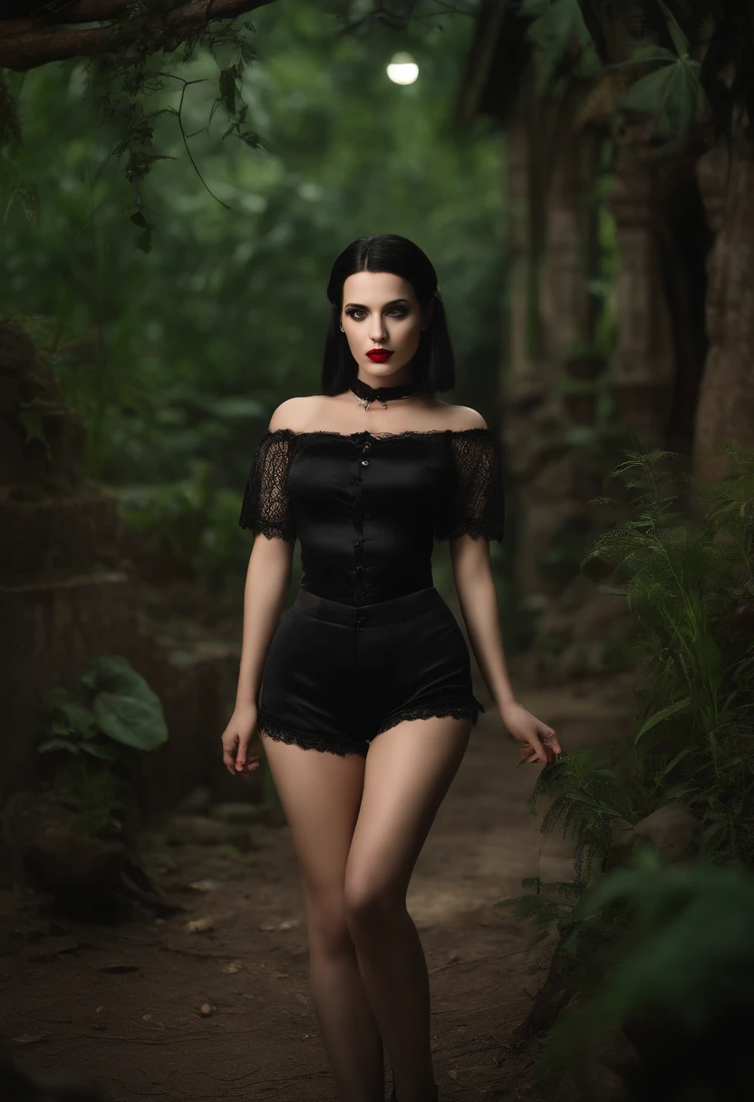 Wednesday addams , slim figure, slim thighs, sexy, smiling face, red lips, pig tails ,black hair, alluring pose, short black lace top, black silk shorts , fishnet stockings, black high heel shoes, night time, tomb, jungle, rivers, ancient old buildings, looking from front, open magical glade