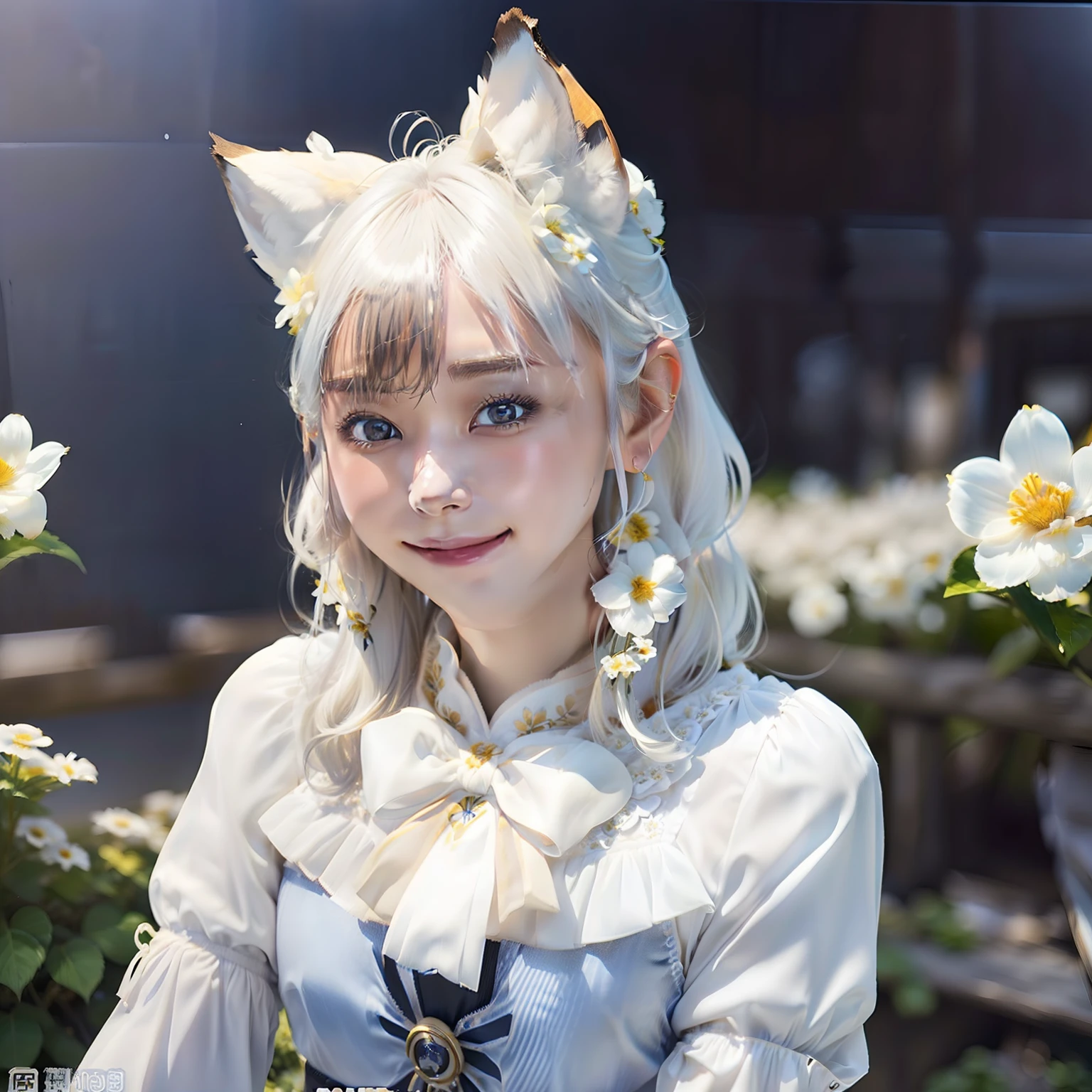女の子1人、(RAW Photography:1.2)、((Photorealsitic:1.4)、(masuter piece:1.3)、(top-quality:1.4)、超A high resolution、(detailed facial features)、(detailed clothes features)、HDR、8K分辨率、solofocus、bangss、skintight、(Glossy skin)、(slender girl)、Fantastical、(Super detailed illustration)、Cheki Commentary、Commentary Request、landscapes、No text、Fox ears、Fox tail、white hair、Long、bunches、mideum breasts、doress、Ribbon collar、a smile、(Flower garden background:1.2)
full bodyesbian、A sexy