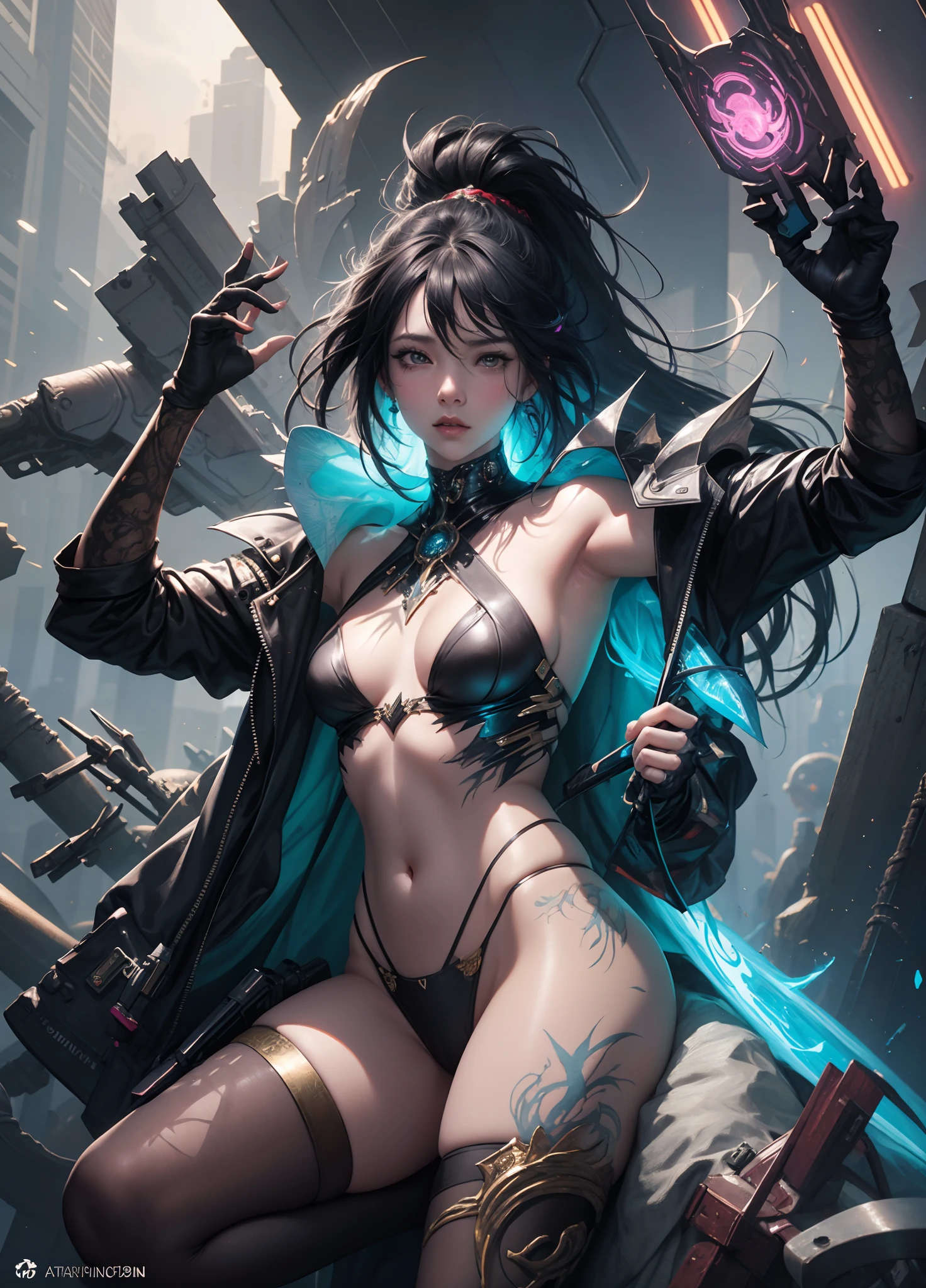 Anime painting of cute Asian cyberpunk woman, Cabello cyberpunk sin forma, Piezas de armadura, dynamic pose, Poses elegantes, colores brillantes, arte conceptual de Carne Griffiths y Wadim Kashin, Antecedentes cyberpunk, Belleza abstracta, near perfection, Forma pura, golden ratio, minimalismo, inacabado, arte conceptual, Por Brian Froud y Carne Griffiths y Wadim Kashin, Detalles intrincados, 8k post-production, High resolution, Super detail, tendencias en Artstation, foco nítido, Fotos de estudio, Detalles intrincados, muy detallado, por Greg Rutkowski