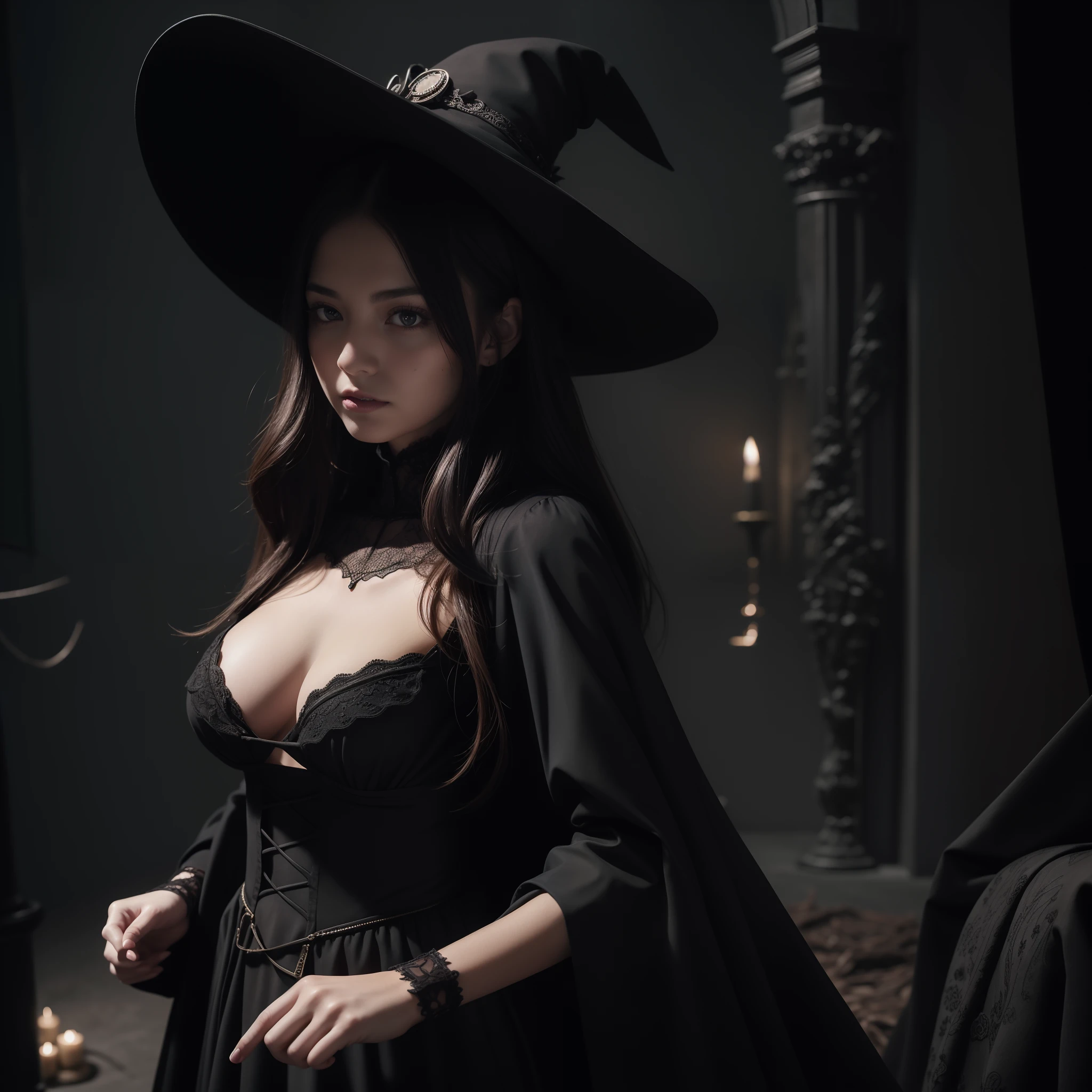 Chiaroscuro, masutepiece, Super Detail, High quality, awardwinning, 8K, girl, Solo, beautiful witch, Black Mysterious Costume, black robes, Black skirt, Black Witch's Hat, Portrait Style, In the basement of a dark old castle, Gothic interior, Spider Web Spread, Dark lighting, depth of fields, (Dark background:1.4), In a fantastic light, Spooky night, tempting look, Detailed fingers