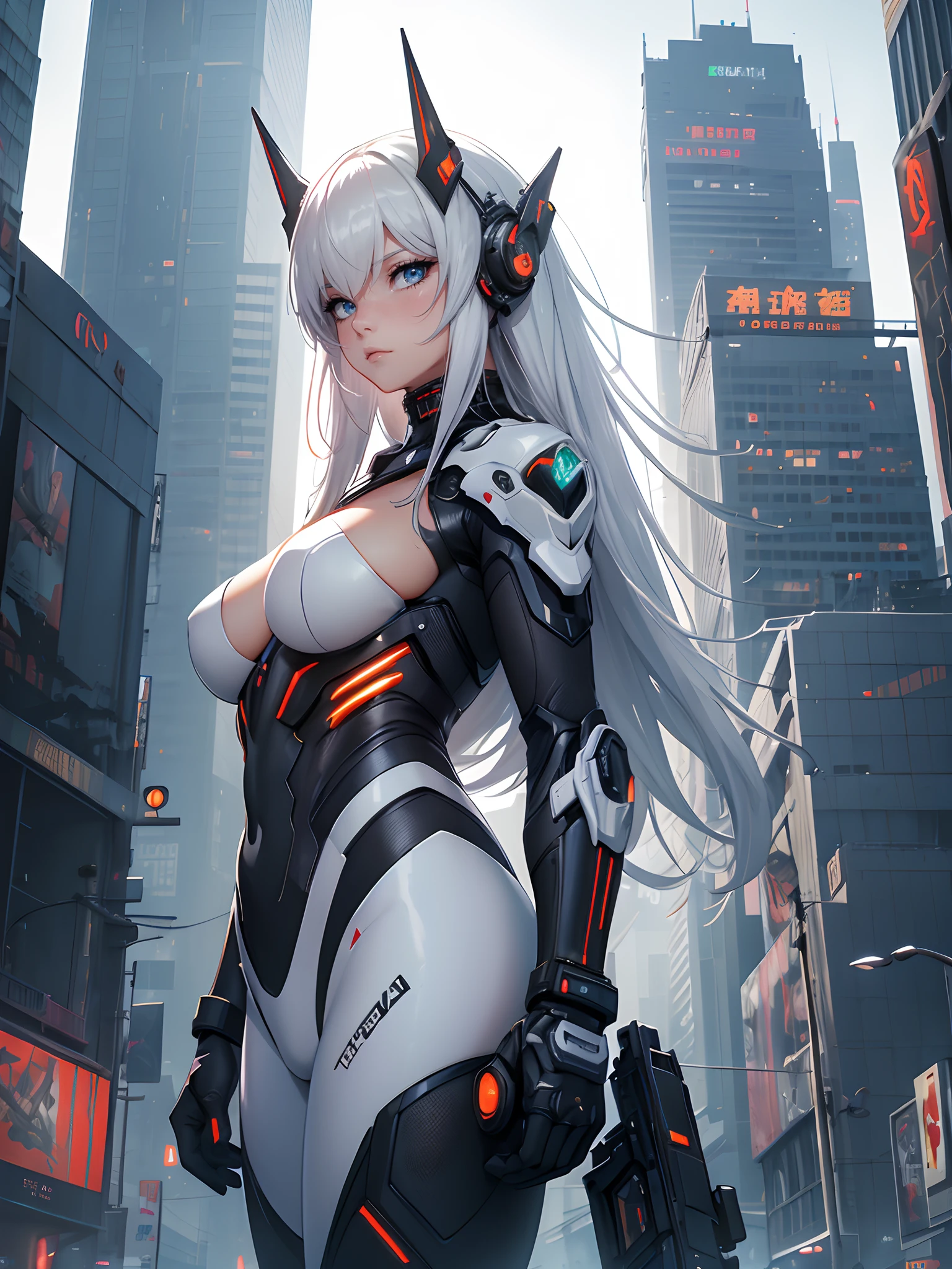 1girl, a beautiful girl cyborg cyberpunk with a cyberpunk city tall buildings, white hair, white and orange and black machine suit color combination, the body full of machine, realistic futuristic hologram, asian skin tone, beautiful eye, beautiful asian face, cyber ear machine, suits is solid mecha, realistic machine, sci fi scape, manipulation is a masterpiece, long hair, masterpiece, suit of cyberpunk, realistic sci fi building texture mecha aestethic, digital cyberpunk, looming over a city, cyber technology, realistic hair, lots of hair, white of hair, realistic metal solid texture of building, realistic neon glow, realistic neon sign, wonderful side lighting, realistic futuristic cyberpunk building, realistic girl robot cyberpunk, fog, foogy, masterpiece of detail, RAW IMAGE, depth of field, point of interes, depth of field is masterpiece, best photography composition masterpiece, natural realistic hair, rule of third masterpiece photography, natural lighting, photography masterpiece natural lighting from side, realistic skin texture, strong reflection, ( pose pinterest) masterpiece beautiful, Devil Horns, smooth pixel, ray of light, soft light, small breasts, mastepiece of cyber mask, masterpiece fantasy gun, carry a fantasy weapon