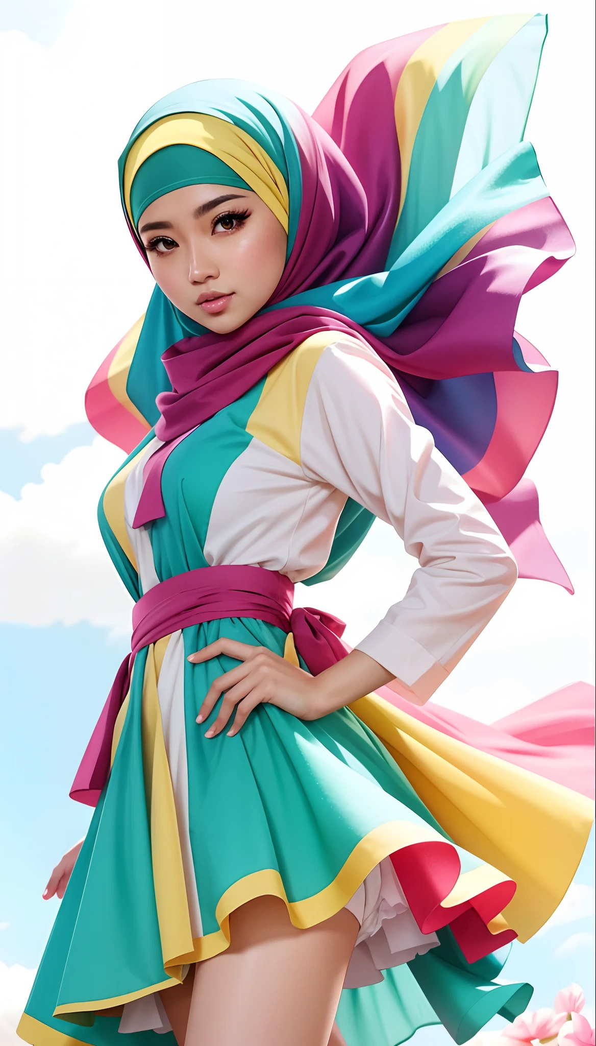 Malay girl with colorful hijab and a colorful dress, rossdraws pastel vibrant, rossdraws cartoon vibrant, anime style 4 k, beautiful anime portrait, artgerm colorful!!!, ! dream artgerm, beautiful anime girl, anime styled digital art, anime art wallpaper 4k, anime art wallpaper 4 k, digital anime art, extremely detailed artgerm