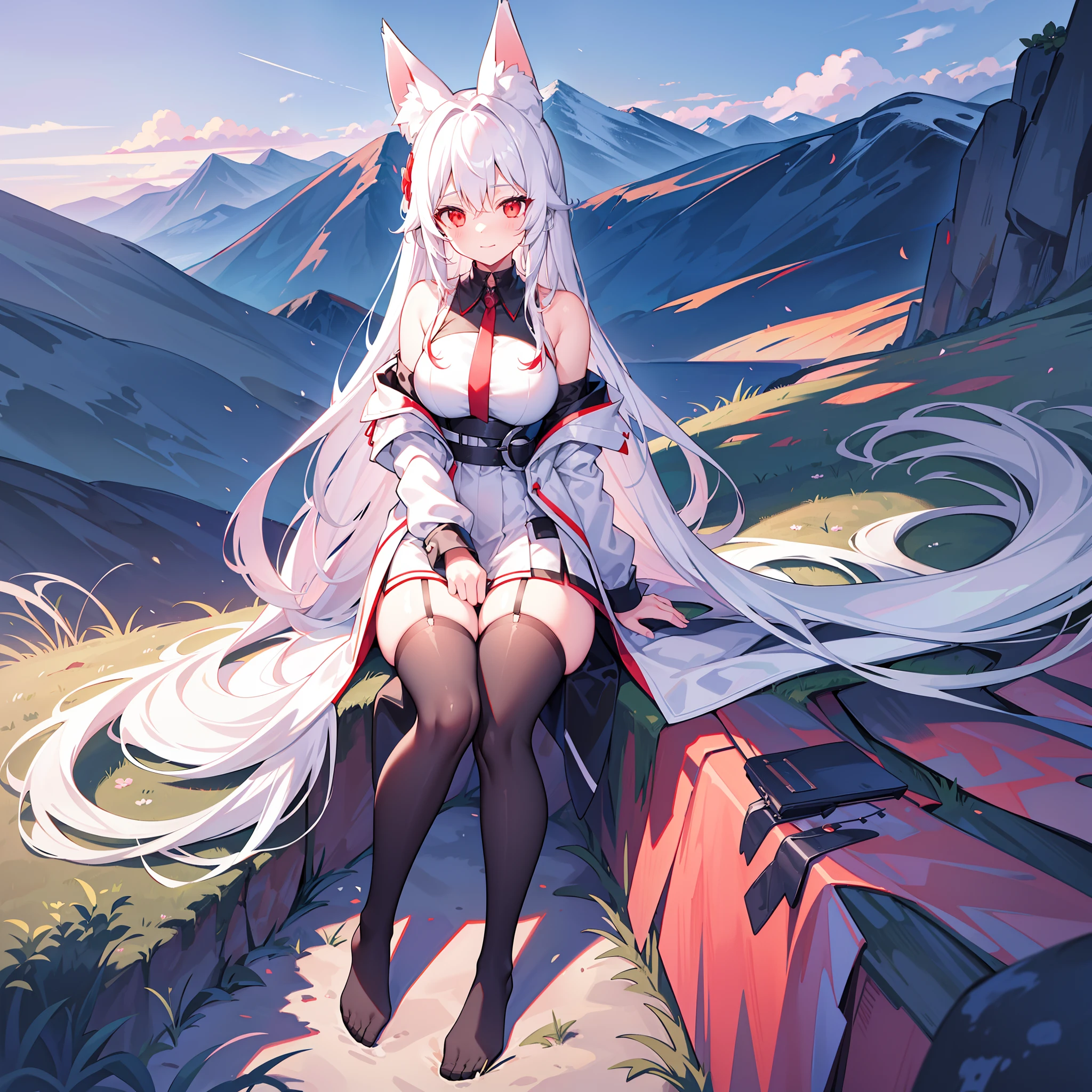 girl, young, full body, red eyes, white long hair, fox ears, black collar, white oversized jacket, off shoulder, white shirt, black long tie, normal body proportion, black platted mini skirt, black stockings, thighs collar, breathtaking scenery, masterpiece, grassland, mountains in the horizon, village in the horizon, clouds, happy face, relaxed pose, sitting, beautiful scenery