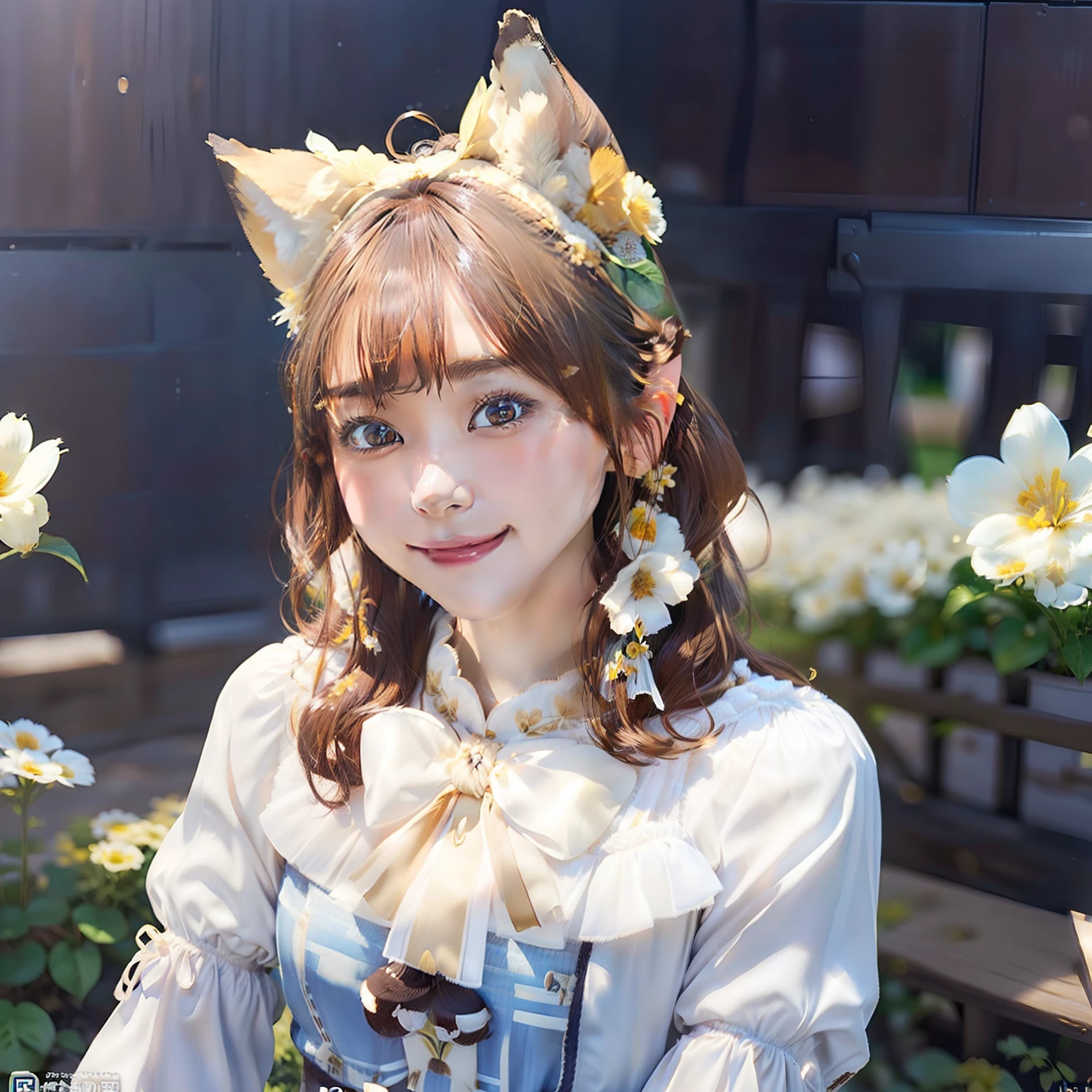 1人、(Raw photography:1.2)、((Photorealsitic:1.4)、(masuter piece:1.3)、(top-quality:1.4)、超A high resolution、(detailed facial features)、(detailed clothes features)、nffsw、8K分辨率、solofocus、bangss、skintight、(Glossy skin)、(Slender girl)、Fantastical、(Super detailed illustration)、Cheki Commentary、Commentary Request、landscapes、No text、Fox ears、Fox tail、Brown hair、long、bunches、mideum breasts、doress、Ribbon collar、A smile、(flowerfield background:1.2)
full body Esbian、A sexy