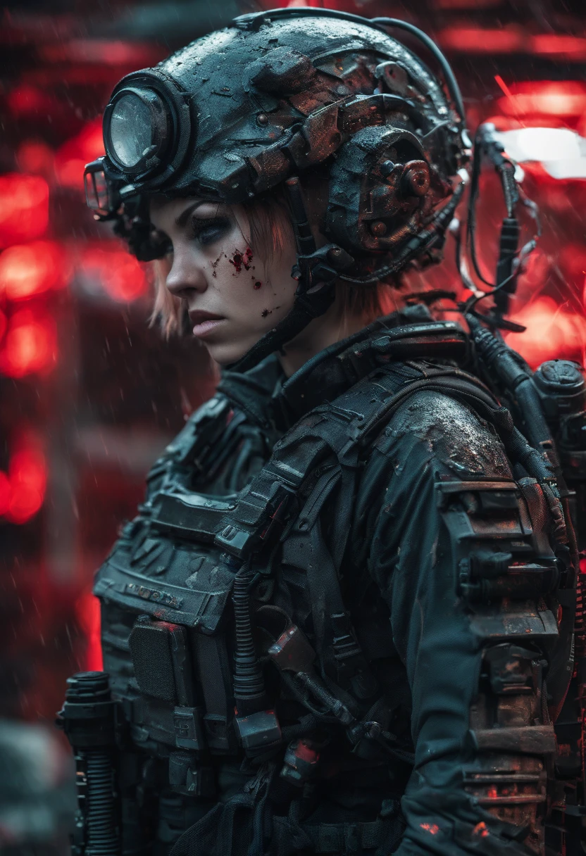 Postapocalyptic combat scene with a Beautiful hyperrealistic photograph of cute Young Maui woman (((with Runic tattoos as a Combat Medic))), ((dirty face Blood splattered)), (((wearing Red Light Assault mecha armor, combat harness, Neon highlights))) Short Blonde Dreadlocks, combat pose, (((Tending to Injured Soldiers))), exterior of Destroyed building, Fires, Smoke, debris, Camo netting, Ammo Boxes, Rain, Stormy, Wet, abstract beauty, near perfection, pure form, intricate detail, 8k post-production, High resolution, super Detail, trending on ArtStation, sharp focus, studio photos, intricate detail, Very detailed, By Gerda Taro