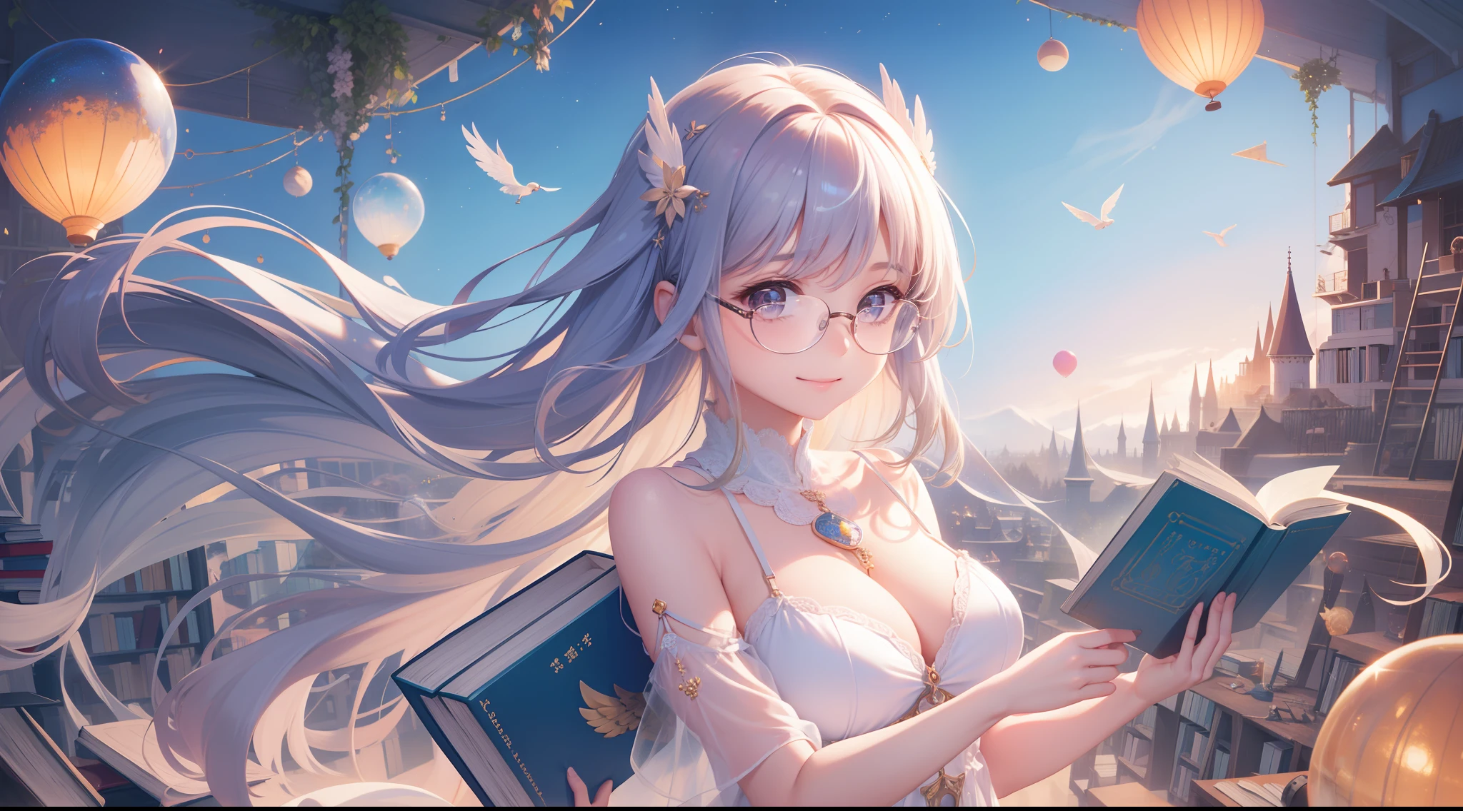 balloons，Winged little girl，Large breasts，Intimate underwear，sandbeach，blue-sky，baiyun，(Books:1.4)，Very many books，Super many books,Long brown hair, Floating hair, side locks, Beautiful detailed glass hair, Delicate beautiful face,Wearing glasses， Happy smile，universe background，Cosmic Galaxy，solar system