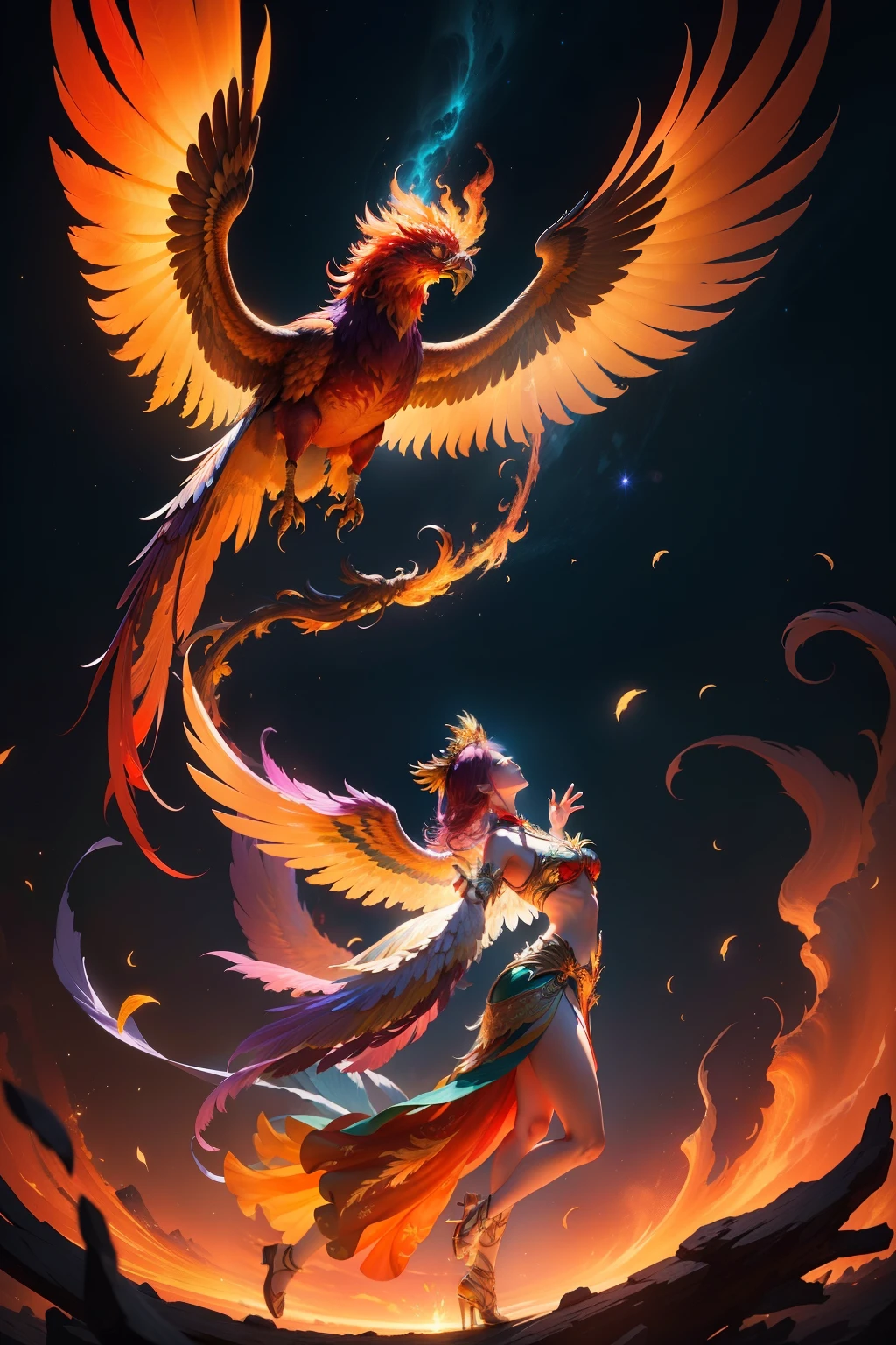 The phoenix pose shows unparalleled elegance and opulence in appearance,Breathtakingly beautiful。It is tall and elegant,The wings spread gorgeously。The plumage is bright red、de cor laranja、Yellow、Composed of purple and other colors,Exudes a mesmerizing glow。Every feather is like a work of art,Delicate and smooth,Colors that shine in the sun。
The phoenix pose has a jewel-like red crown embedded in its head,Shine brightly。Its eyes are crystal clear,Like two bright gemstones,Exudes wisdom and mystery。The pointed mouth is curved,Exudes nobility。
The surrounding phoenix posing is also a spectacular picture。Surrounded by a fantastic wonderland,It is full of peace and harmony。The rainbow bends in the sky,Waterfalls cascade down,Exudes a fresh floral scent。Surrounded by dense forests,Towering trees stand there like giants。
The phoenix poses to spread its wings and fly,Fly in such a beautiful environment,Light and free。Its flight stance is elegant and sturdy,Every flutter of wings brings beautiful music,It was as if the whole world was dancing for it。
The whole scene not only shows the details of the appearance of the phoenix pose,It also interprets the magnificent environment in which it is located,It's intoxicating。