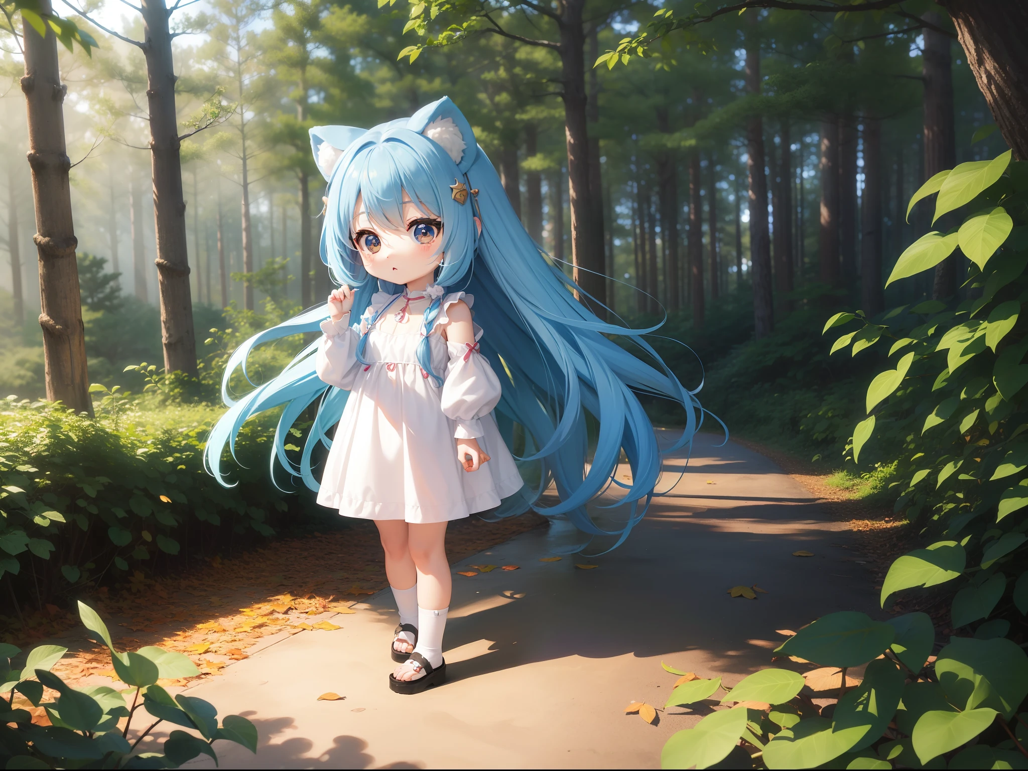 Chibichara　long hair with blue hair((Chibi Chara))、Fluffy、girl with、Chibi Chara、full body Esbian、Pastel colors hair、masutepiece、top-quality、In the forest of autumn leaves、Cute bears are also with us。
