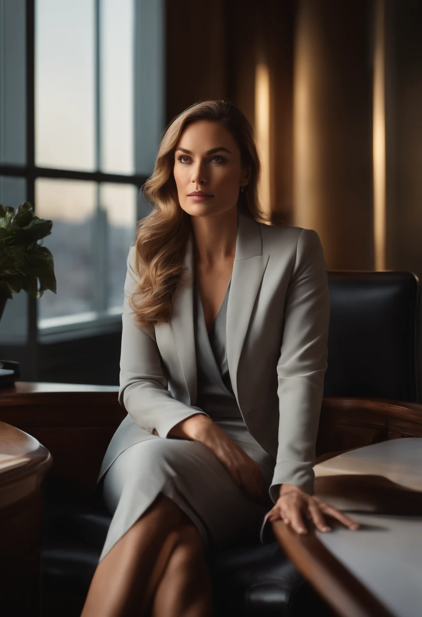 a cinematic portrait of an elegant executive woman sitting on an elegant office in London. Soft sunlight gracefully illuminates the subjects face and hair, casting a dreamlike glow.