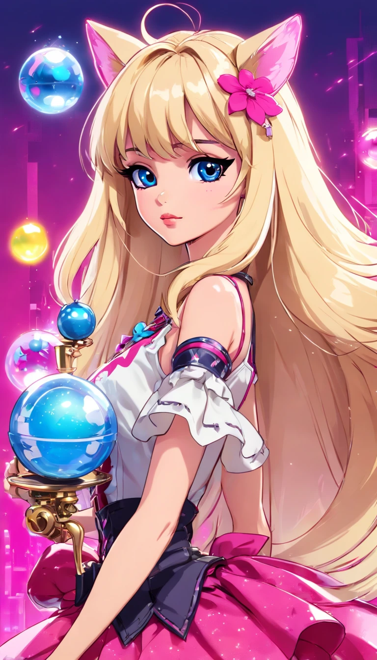 (Barbie,Solo,Cowboy Shot,pop-art,K-Pop Fashion,ball jointed doll,:1.35),Cyberpunk Core,Bloom Core Flower Princess Crown,Play Scale,Fairy Kei style tech genius teenage girl,Girl in a hat with ears,Holding a black cat,an anime drawing,Fantasy Art,Pink dress with purple eyes,Golden hair,blonde anime girl with long hair,anime barbie in white,discord profile picture,Fairy Kay Fashion,