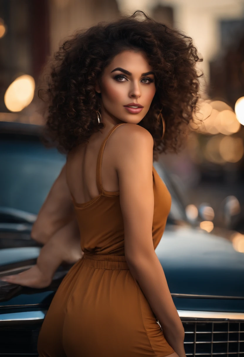 (sharp focus:1.2), photo, attractive young woman, (beautiful face:1.1), detailed eyes, luscious lips, (cat eye makeup:0.85), (large eyes:1.0), (toned body:1.2), (curly hair:1.2), (big booty:1.4), wearing (romper:1.2) on a (street:1.2). (moody lighting:1.2), depth of field, bokeh, 4K, HDR. by (James C. Christensen:1.2|Jeremy Lipking:1.1).