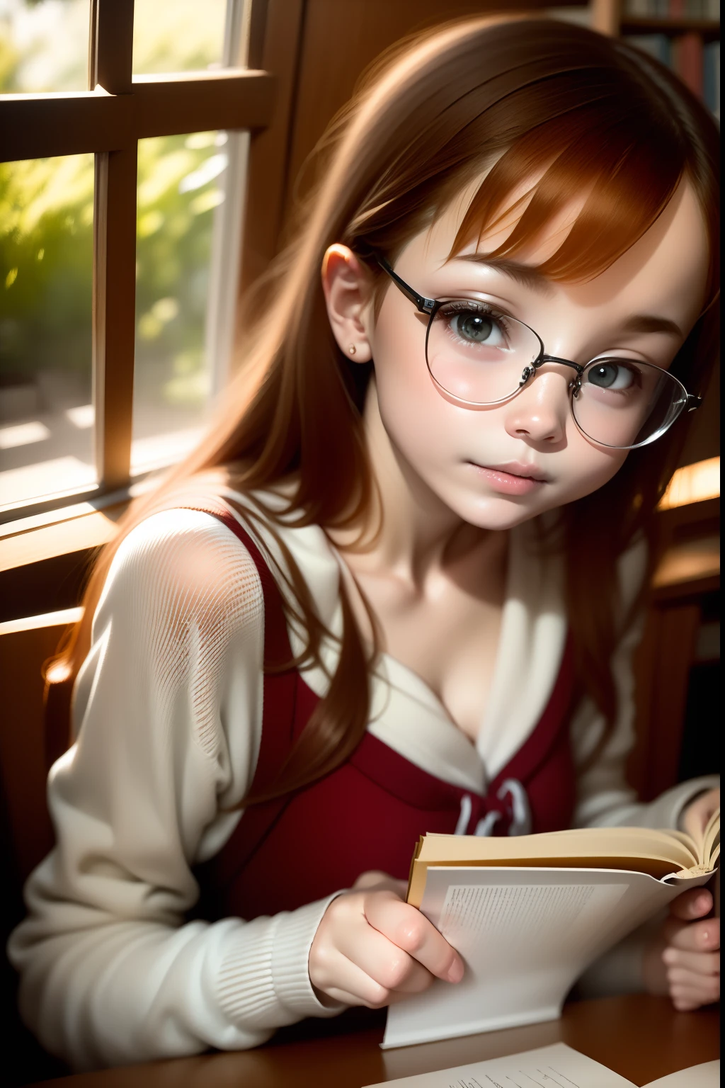 ((Extremely detailed)),(8K),Best Quality, (Beautiful),((masutepiece)), ((Best Quality)),Large library、old library、Heavy bookcase、In the dimly lit chamber:1.2、Large reading seats、Girl sitting on the windowsill、Realistic portraits、Girl sitting on desk chair reading book、girl wearing round glasses、girl in sailor suit