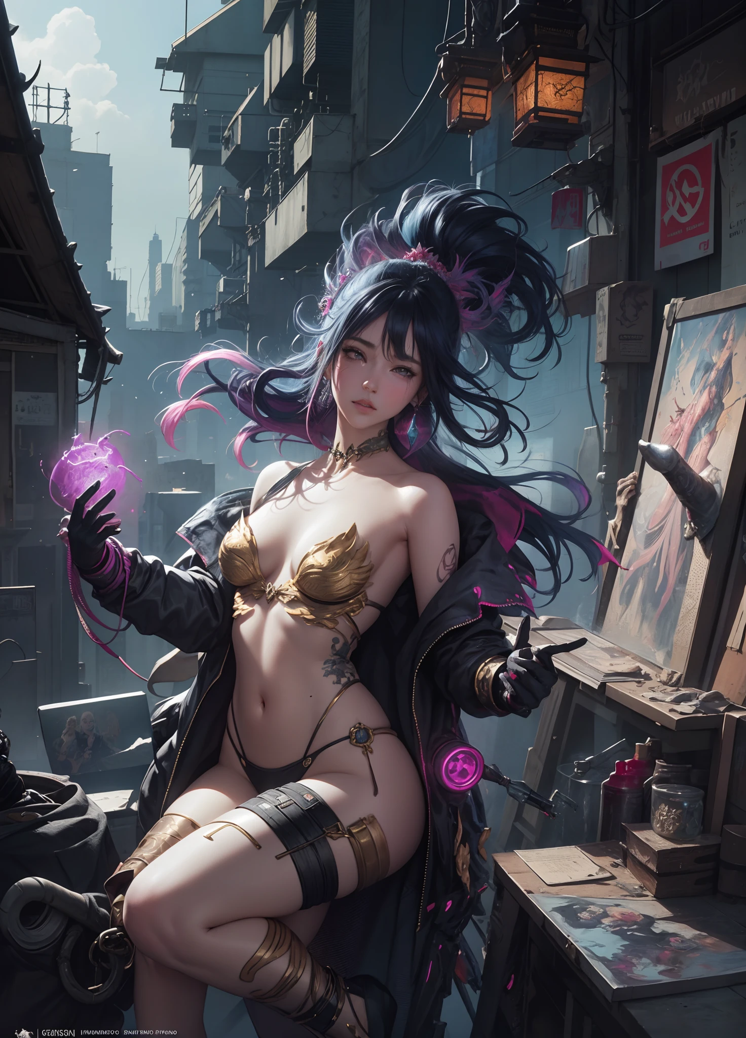 Anime painting of cute Asian cyberpunk woman, Cabello cyberpunk sin forma, Piezas de armadura, dynamic pose, Poses elegantes, colores brillantes, arte conceptual de Carne Griffiths y Wadim Kashin, Antecedentes cyberpunk, Belleza abstracta, near perfection, Forma pura, golden ratio, minimalismo, inacabado, arte conceptual, Por Brian Froud y Carne Griffiths y Wadim Kashin, Detalles intrincados, 8k post-production, High resolution, Super detail, tendencias en Artstation, foco nítido, Fotos de estudio, Detalles intrincados, muy detallado, por Greg Rutkowski