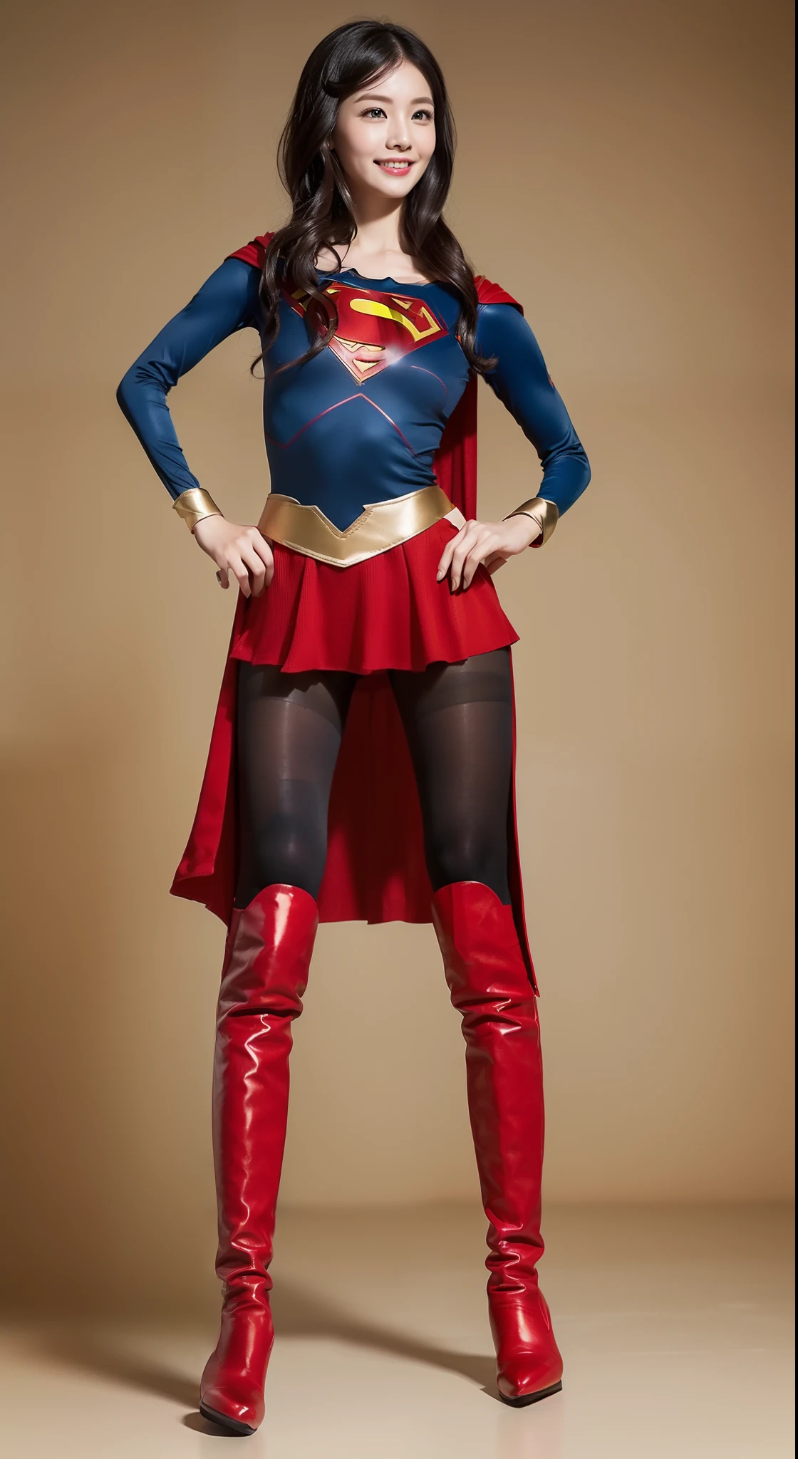 (((Make the most of the original image)))、(((Be sure to wear black tights)))、(((Supergirl Costume)))、(((lustrous dark hair)))、(((Suffering)))、(((Smiling)))、(((Be sure to wear red boots)))、(((Hung)))、((Top image quality、8K))、((top-quality、8K、masterpiece:1.3))、Crisp focus:1.2、Beautiful woman with perfect body shape:1.4、Slender Abs:1.2、((layers-Cut))、a wet body:1.5、Highly detailed facial and skin texture、Wearing red boots