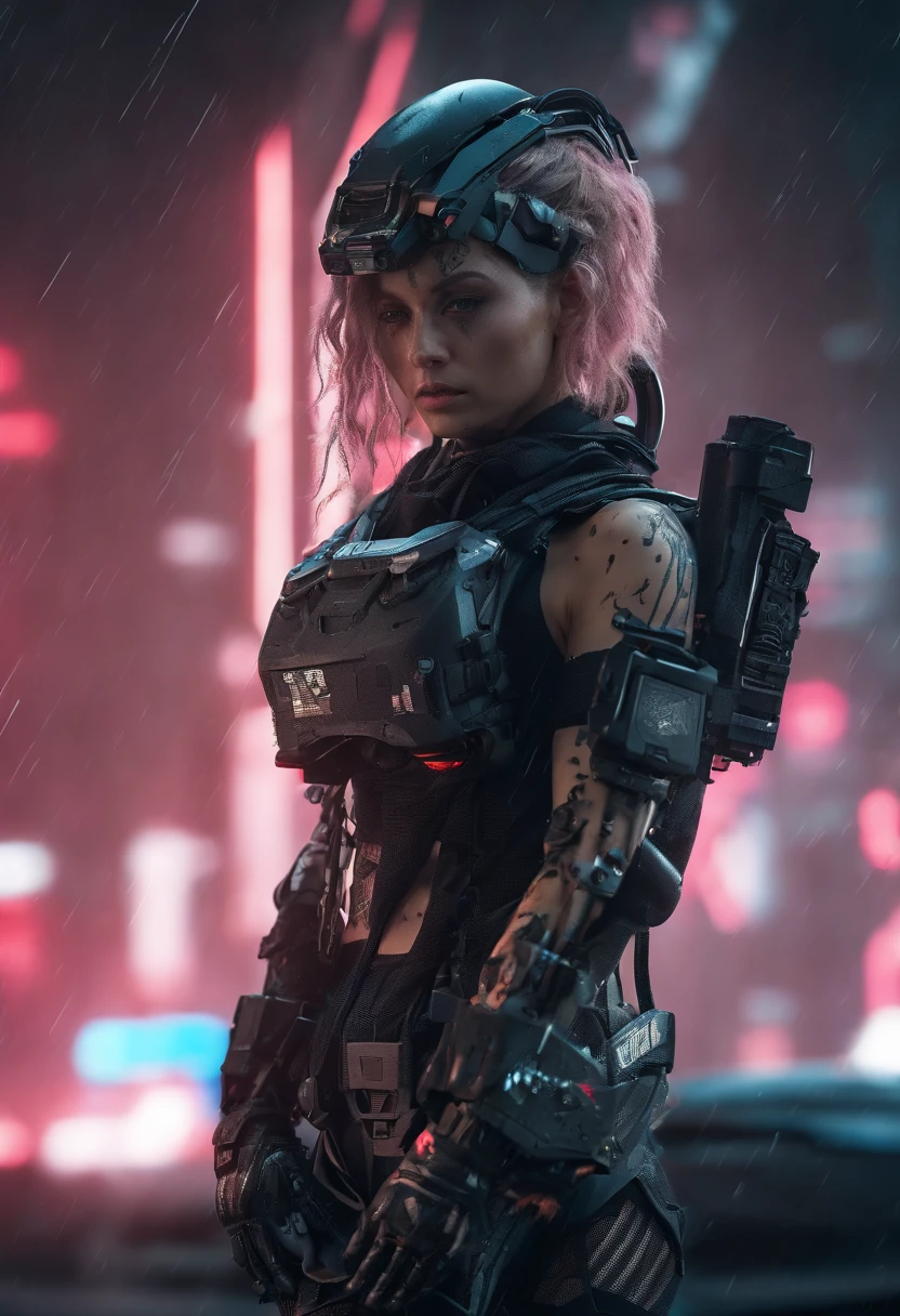 Beautiful hyperrealistic photograph of cute Young Swedish woman with Runic tattoos, ((dirty face Blood splattered)), (((wearing full heavy mecha armor, combat harness, Neon highlights))) Short Red Dreadlocks, (((sitting on a Futuristic Tank pose))), (exterior of Military Facility in the background), Camo netting, Ammo Boxes, Fires, Smoke, debris, Camo netting, Ammo Boxes, Rain, Stormy, Wet, abstract beauty abstract beauty, near perfection, pure form, Golden Ratio, concept art, intricate detail, 8k post-production, High resolution, super Detail, trending on ArtStation, sharp focus, studio photos, intricate detail, Very detailed, By Robert Capa