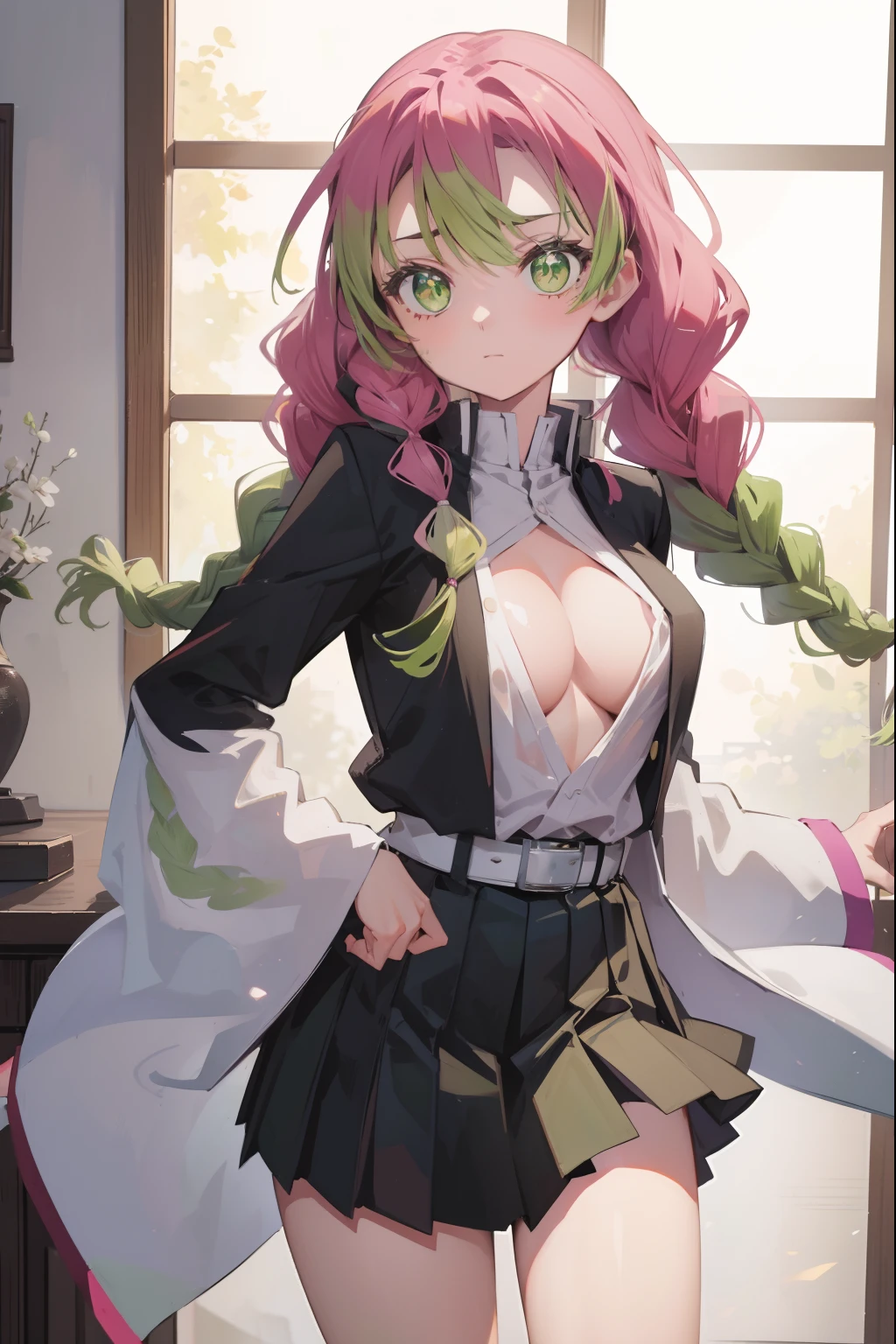 mitsurikanroji, mitsuri kanroji, braid, gradient hair, (green eyes:1.5), green hair, long hair, mole,  mole under eye, multicolored hair, pink hair, twin braids, two-tone hair,
BREAK belt, black skirt, cleavage, coat, demon slayer uniform, haori, japanese clothes, long sleeves, miniskirt,  partially unbuttoned, pleated skirt, skirt, uniform,
BREAK looking at viewer,
BREAK indoors,
BREAK (masterpiece:1.2), best quality, high resolution, unity 8k wallpaper, (illustration:0.8), (beautiful detailed eyes:1.6), extremely detailed face, perfect lighting, extremely detailed CG, (perfect hands, perfect anatomy),