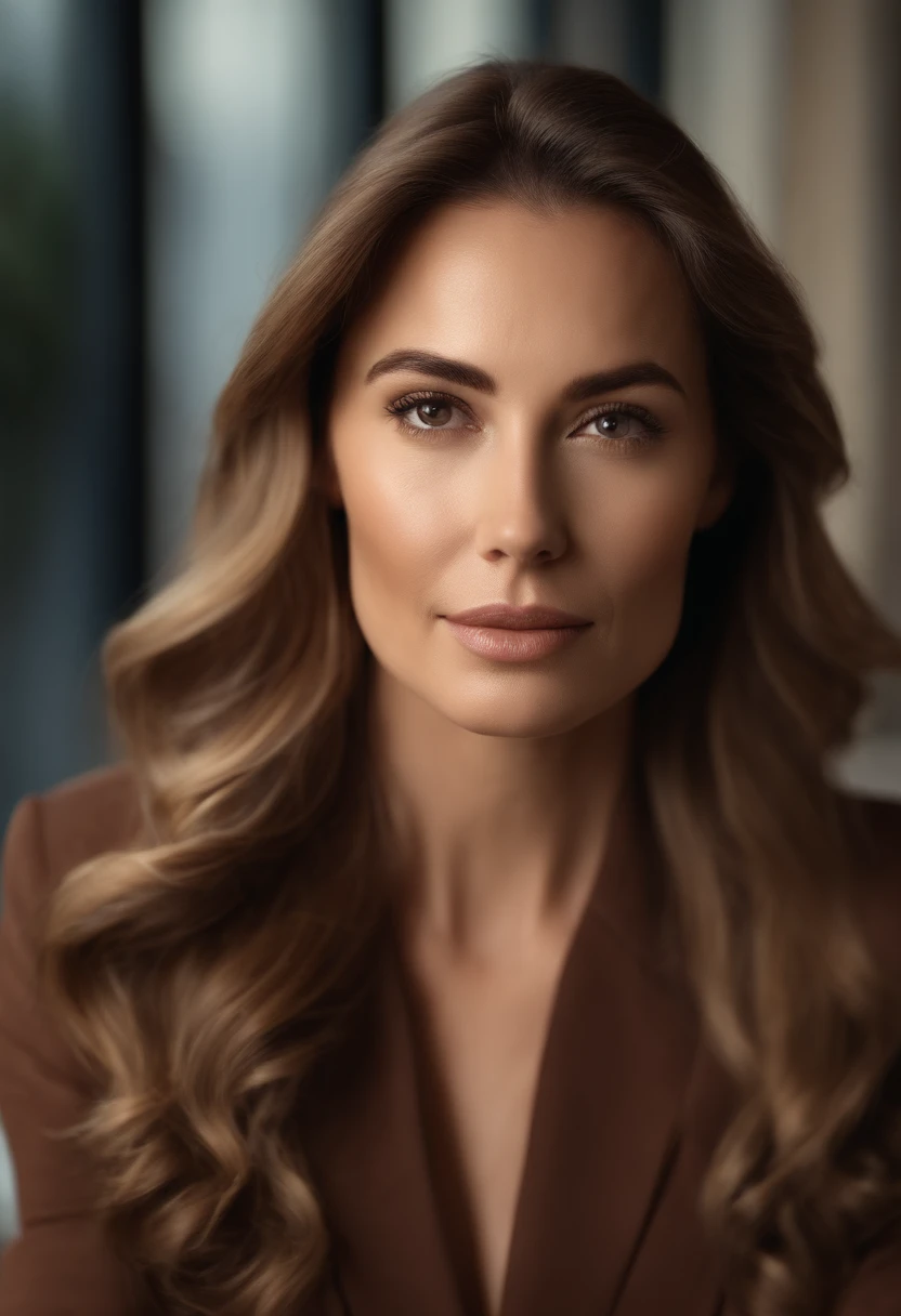 a cinematic ultrarealistic portrait of an elegant executive woman with long brown wave hair sitting on an elegant office in London. Soft sunlight gracefully illuminates the subjects face and hair, casting a dreamlike glow.