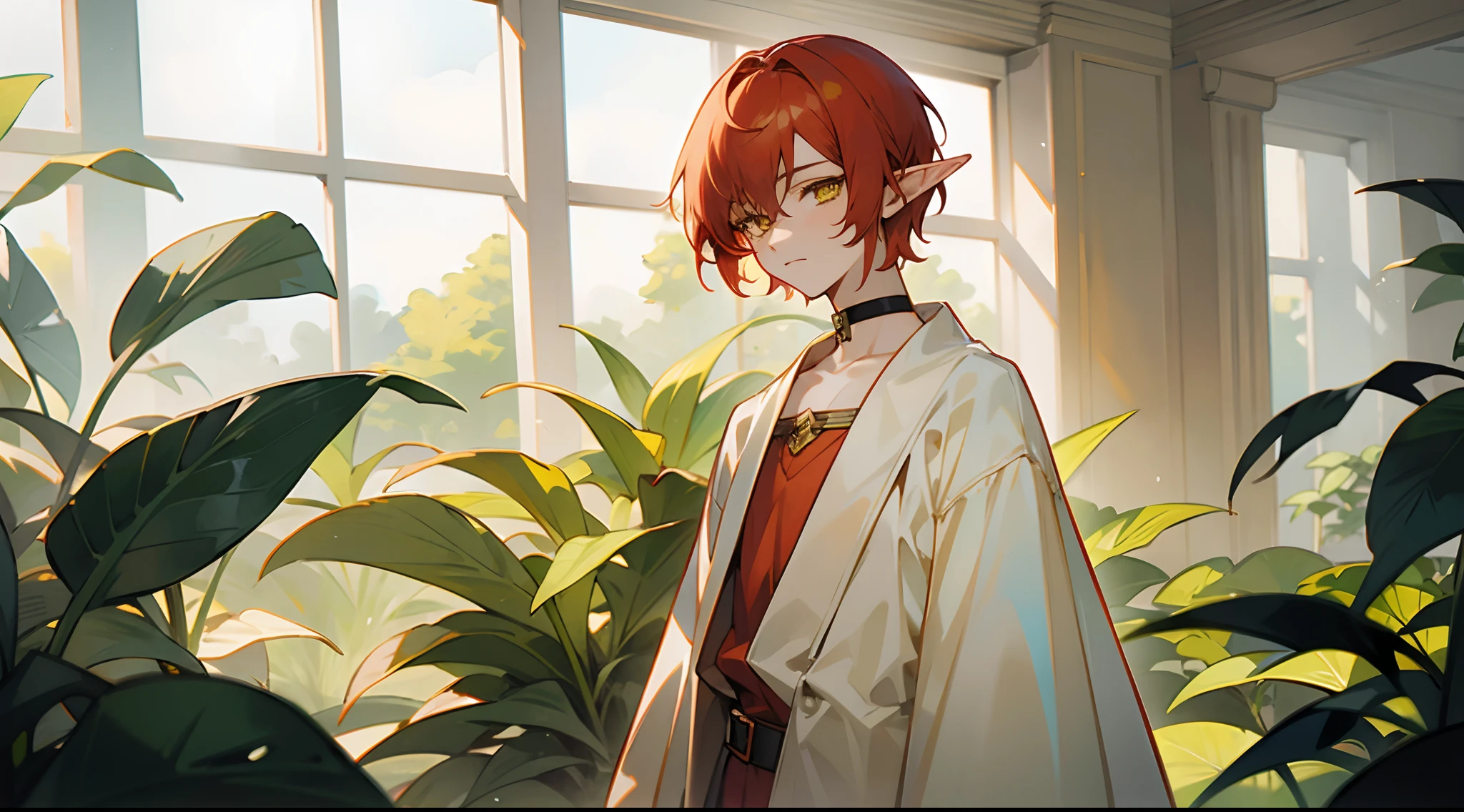 1 boy, Yellow eyes, red hair color, Short Hair Hair, pastel colours, elf ears, Choker, voluminous clothing, long sleeves, Sex of the body, stands, Plants, Solo Focus, indoors, looks at the viewer