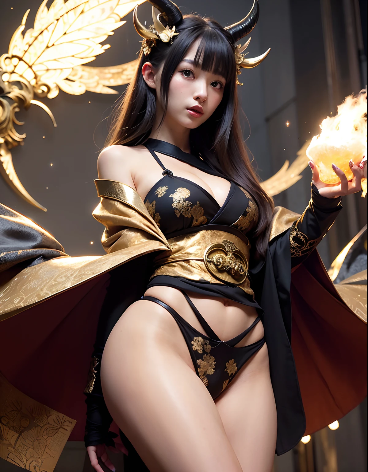 ((World of Darkness)),Professional , masterpiece、top-quality、photos realistic , depth of fields 、Dark Fantasy、(a beauty girl)、(shooting stars:0.9)、(nebulas:1.3)、A dark-haired、(White bikini armor)、(Mystical expression)、(The fox has five tails)((Fight dragons)),(Wear a beautiful kimono),(Wear a beautiful kimono with colorful floral patterns)、Jewel Gold Weapon、Particles of light),(Has a devil's mask)、Gorgeous gold weapons ,(( Gorgeous Dragon Sword)) , (Fox Mask),,(maikurobikini) 、((Black Haired Beautiful Girl))、(Castle background)、(demonic wings)、((Gangle's forest background))、Beautiful Caucasian beauty、1a person、dynamic ungle,(((Two devil's horns on the head)))、Smaller head、Idle Smile、Thin and beautiful female hands、Mystical expression、Light Effects、intense fighting、Wind-effect、magic circles、With the legendary magic wand、Dragon's tail、