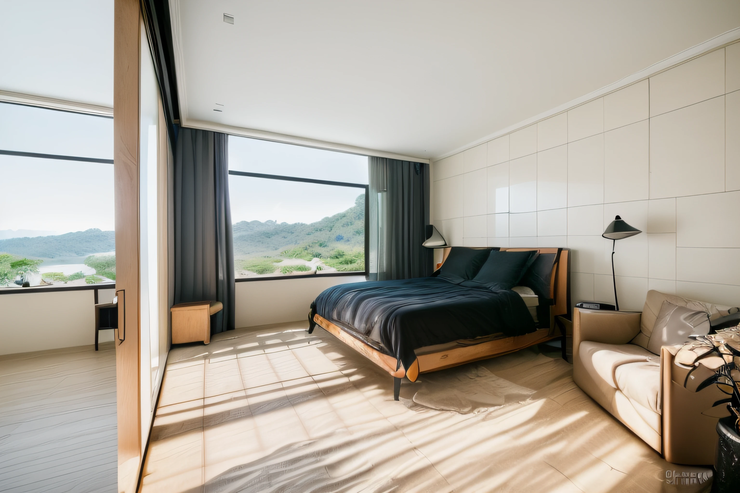 RAW photo, Masterpiece, high quality, best quality, authentic, super detailed, glossy indochina black furniture), minimalist architecture, minimalist bedroom, couch, table, carpet, shelf tv, 1 solid wood door:1.4,((laminated plaster,))), day light)), natural light fromt glass door, archdaily architecture, (high detail: 1.2), 8k uhd, dslr, soft light, high quality, film grain, Fujifilm XT3