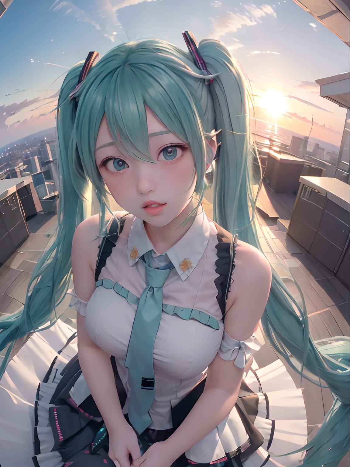 ((masterpiece))((sfw))
(best_quality)
(fisheye) (from_above)
(blurry_background) (depth_of_field)
(caustics)
(outdoors) (rooftop) (sunset) (backlighting) (sunlight)
(Hatsune Miku) (twintails)
(parted_lips)