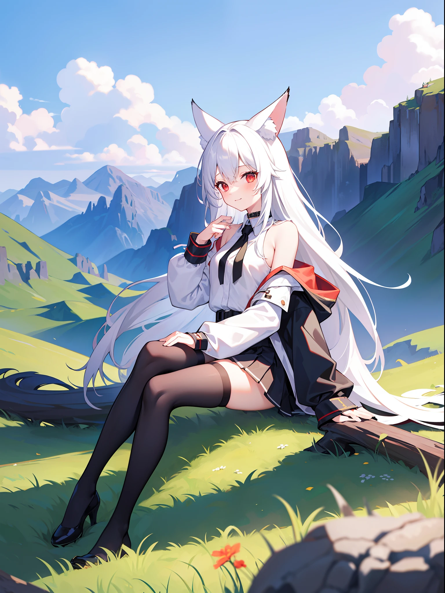 girl, young, full body, red eyes, white long hair, fox ears, black collar, white oversized jacket, off shoulder, white shirt, black long tie, normal body proportion, black platted mini skirt, black stockings, thighs collar, breathtaking scenery, masterpiece, grassland, mountains in the horizon, village in the horizon, clouds, happy face, relaxed pose, sitting, beautiful scenery