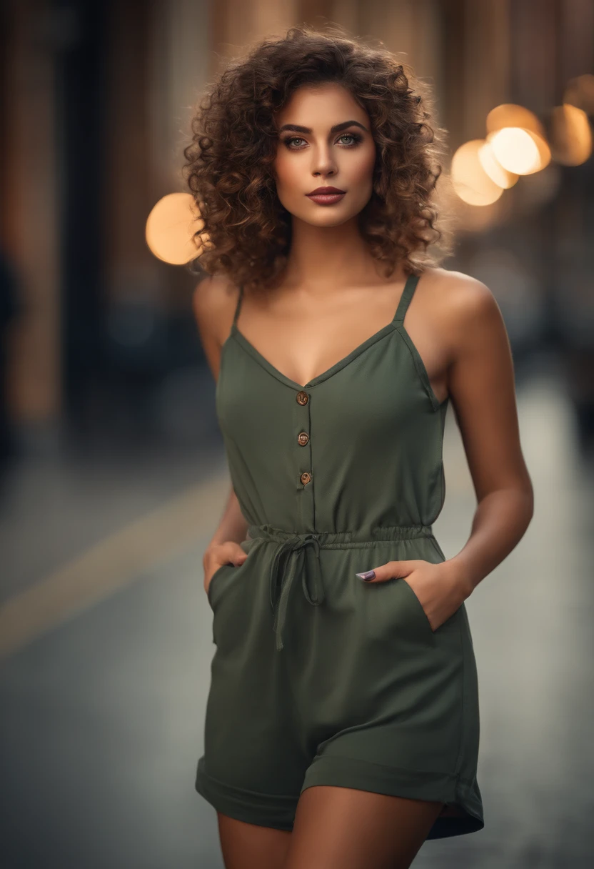 (sharp focus:1.2), photo, attractive young woman, (beautiful face:1.1), detailed eyes, luscious lips, (cat eye makeup:0.85), (large eyes:1.0), (toned body:1.2), (curly hair:1.2), (big booty:1.4), wearing (romper:1.2) on a (street:1.2). (moody lighting:1.2), depth of field, bokeh, 4K, HDR. by (James C. Christensen:1.2|Jeremy Lipking:1.1).