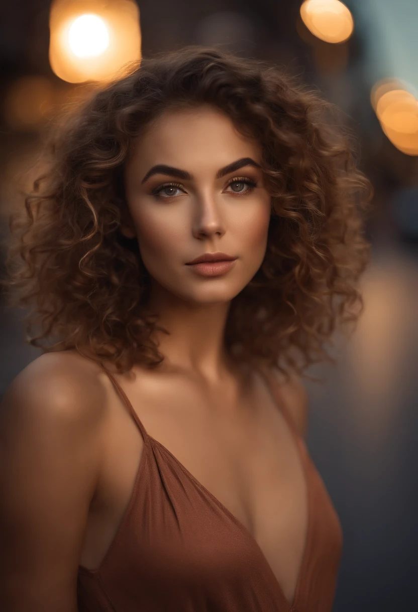 (sharp focus:1.2), photo, attractive young woman, (beautiful face:1.1), detailed eyes, luscious lips, (cat eye makeup:0.85), (large eyes:1.0), (toned body:1.2), (curly hair:1.2), curvy body, wearing (romper:1.2) on a (street:1.2). (moody lighting:1.2), depth of field, bokeh, 4K, HDR. by (James C. Christensen:1.2|Jeremy Lipking:1.1).