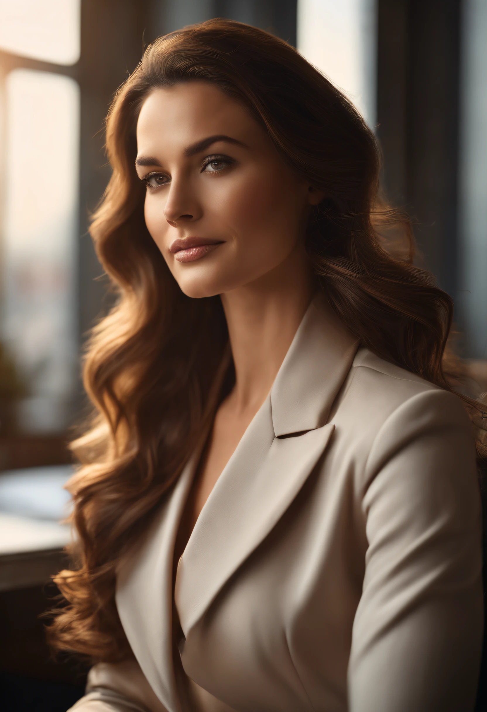 a cinematic ultrarealistic portrait of an elegant executive woman with long brown wave hair sitting on an elegant office in London. Soft sunlight gracefully illuminates the subjects face and hair, casting a dreamlike glow.