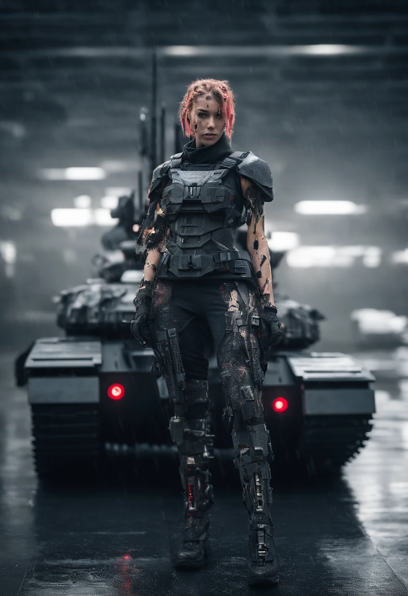 Beautiful hyperrealistic photograph of cute Young Swedish woman with Runic tattoos, ((dirty face Blood splattered)), (((wearing full heavy mecha armor, combat harness, Neon highlights))) Short Red Dreadlocks, (((sitting on a Futuristic Tank pose))), (exterior of Military Facility in the background), Camo netting, Ammo Boxes, Fires, Smoke, debris, Camo netting, Ammo Boxes, Rain, Stormy, Wet, abstract beauty abstract beauty, near perfection, pure form, Golden Ratio, concept art, intricate detail, 8k post-production, High resolution, super Detail, trending on ArtStation, sharp focus, studio photos, intricate detail, Very detailed, By Robert Capa