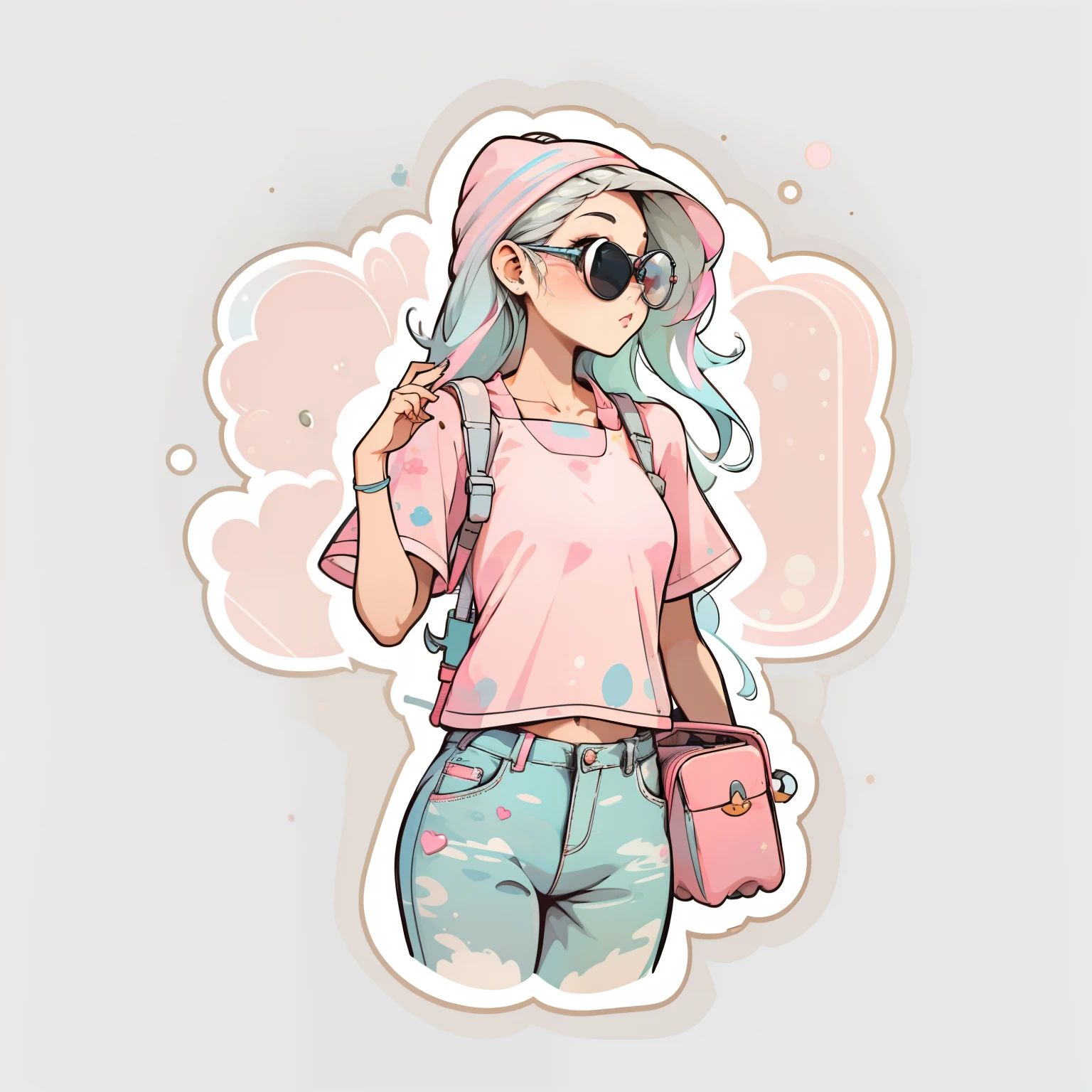 1 sticker, handbook, (a stylish girl, model, pink top, cool and cool), white background, simple background, minimal, cute, tiny, pastel color, vector style, no gradient
