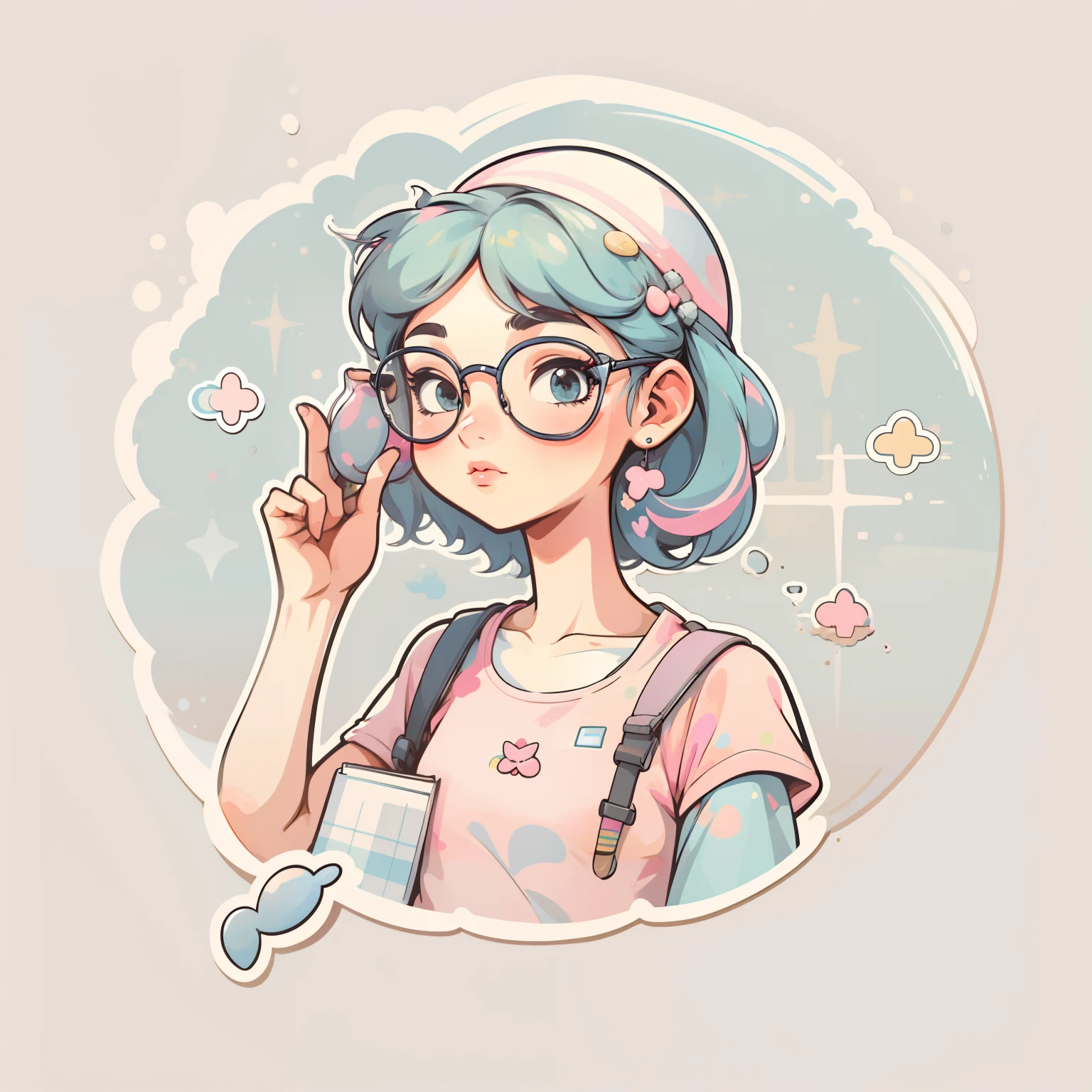 1 sticker, handbook, (a stylish girl, model, pink top, cool and cool), white background, simple background, minimal, cute, tiny, pastel color, vector style, no gradient