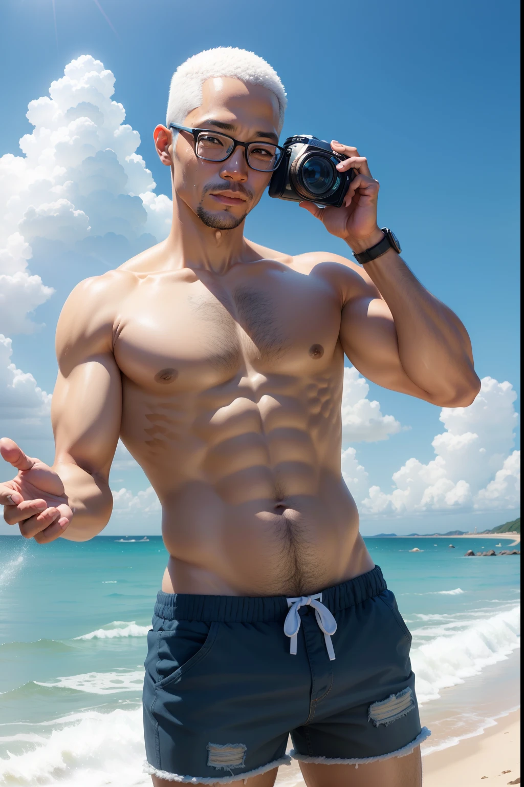 37 years old,Yellow-skinned man,With glasses for myopia,brush cut,with blue sky and white clouds,Take photos by the sea