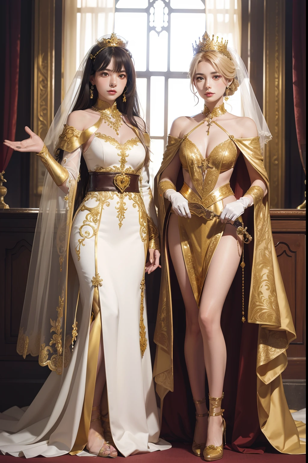 two girl, lesbian, golden wedding dress, long glove, crown, full-body, chastity belt, neck
