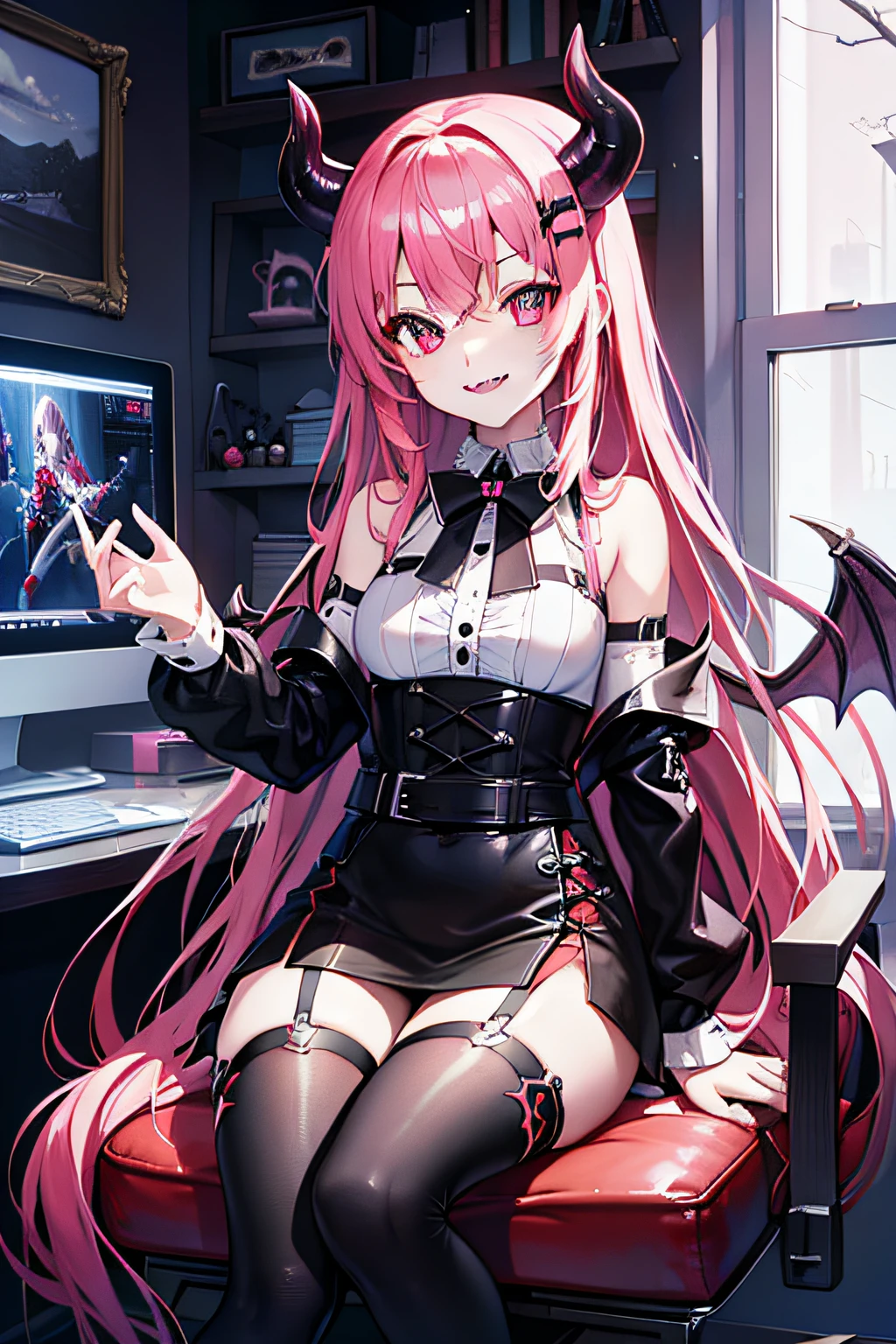 Unclear、gamer、Sitting on a chair、Succubus、PC Kit、Show fangs,pure, a little bit smile、Highly detailed, Digital Painting, art stations、Highest Quality