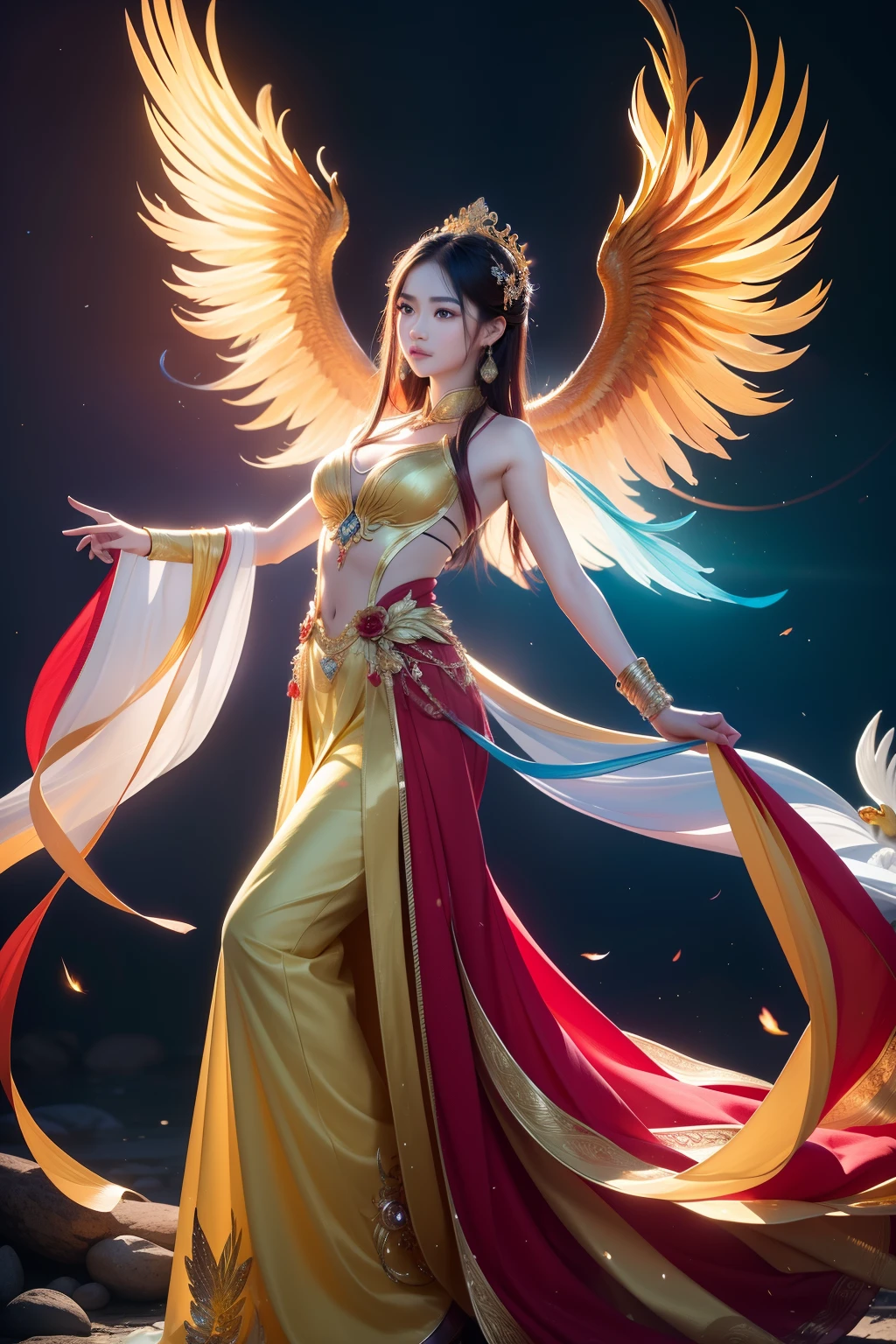 The phoenix pose shows unparalleled elegance and opulence in appearance,Breathtakingly beautiful。It is tall and elegant,The wings spread gorgeously。The plumage is bright red、de cor laranja、Yellow、Composed of purple and other colors,Exudes a mesmerizing glow。Every feather is like a work of art,Delicate and smooth,Colors that shine in the sun。
The phoenix pose has a jewel-like red crown embedded in its head,Shine brightly。Its eyes are crystal clear,Like two bright gemstones,Exudes wisdom and mystery。The pointed mouth is curved,Exudes nobility。
The surrounding phoenix posing is also a spectacular picture。Surrounded by a fantastic wonderland,It is full of peace and harmony。The rainbow bends in the sky,Waterfalls cascade down,Exudes a fresh floral scent。Surrounded by dense forests,Towering trees stand there like giants。
The phoenix poses to spread its wings and fly,Fly in such a beautiful environment,Light and free。Its flight stance is elegant and sturdy,Every flutter of wings brings beautiful music,It was as if the whole world was dancing for it。
The whole scene not only shows the details of the appearance of the phoenix pose,It also interprets the magnificent environment in which it is located,It's intoxicating。