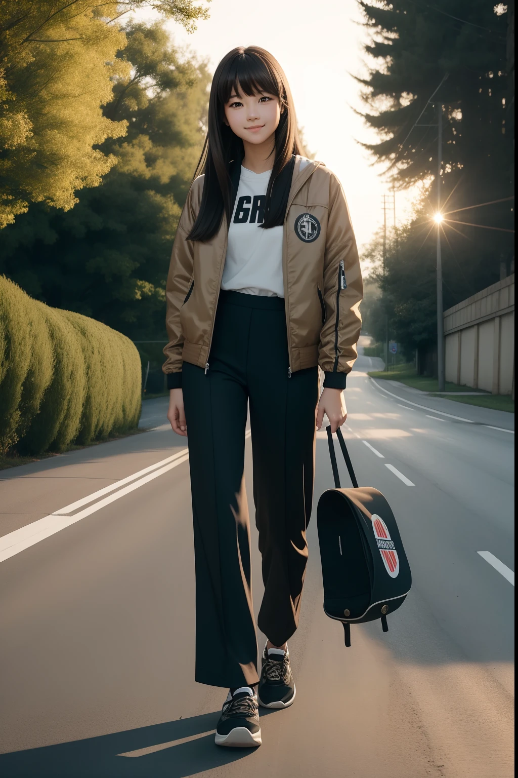 Masterpiece, Best quality, On a country road, back, Girl, Solo, Female, Long hair, Brown hair, Straight hair, bangs, Light smile, Black eyes, Jacket, Culotte pants, Skateboard shoes , Looking back, Walking, day