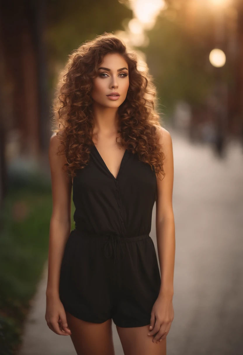 (sharp focus:1.2), photo, attractive young woman, (beautiful face:1.1), detailed eyes, luscious lips, (cat eye makeup:0.85), (large eyes:1.0), (toned body:1.2), (curly hair:1.2), (curvy body :1.2), wearing (romper:1.2) on a (street:1.2). (moody lighting:1.2), depth of field, bokeh, 4K, HDR. by (James C. Christensen:1.2|Jeremy Lipking:1.1).