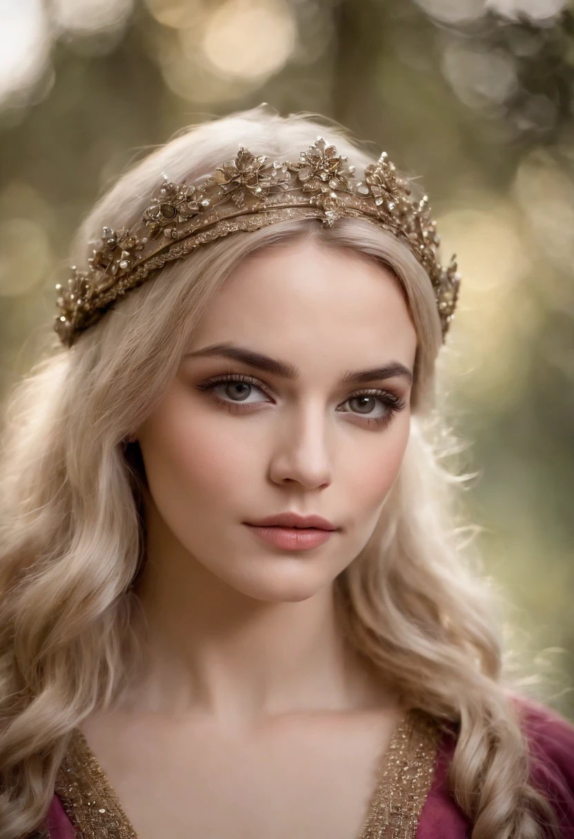 Uma bela e sedutora garota medieval com grandes olhos cinzentos, of dark eyelashes, de cabelos vermelhos escuros com suaves cachos largos, pele suave, branca e leitosa, with pink flush on the cheekbones, boca grande, covinha no queixo arredondado.