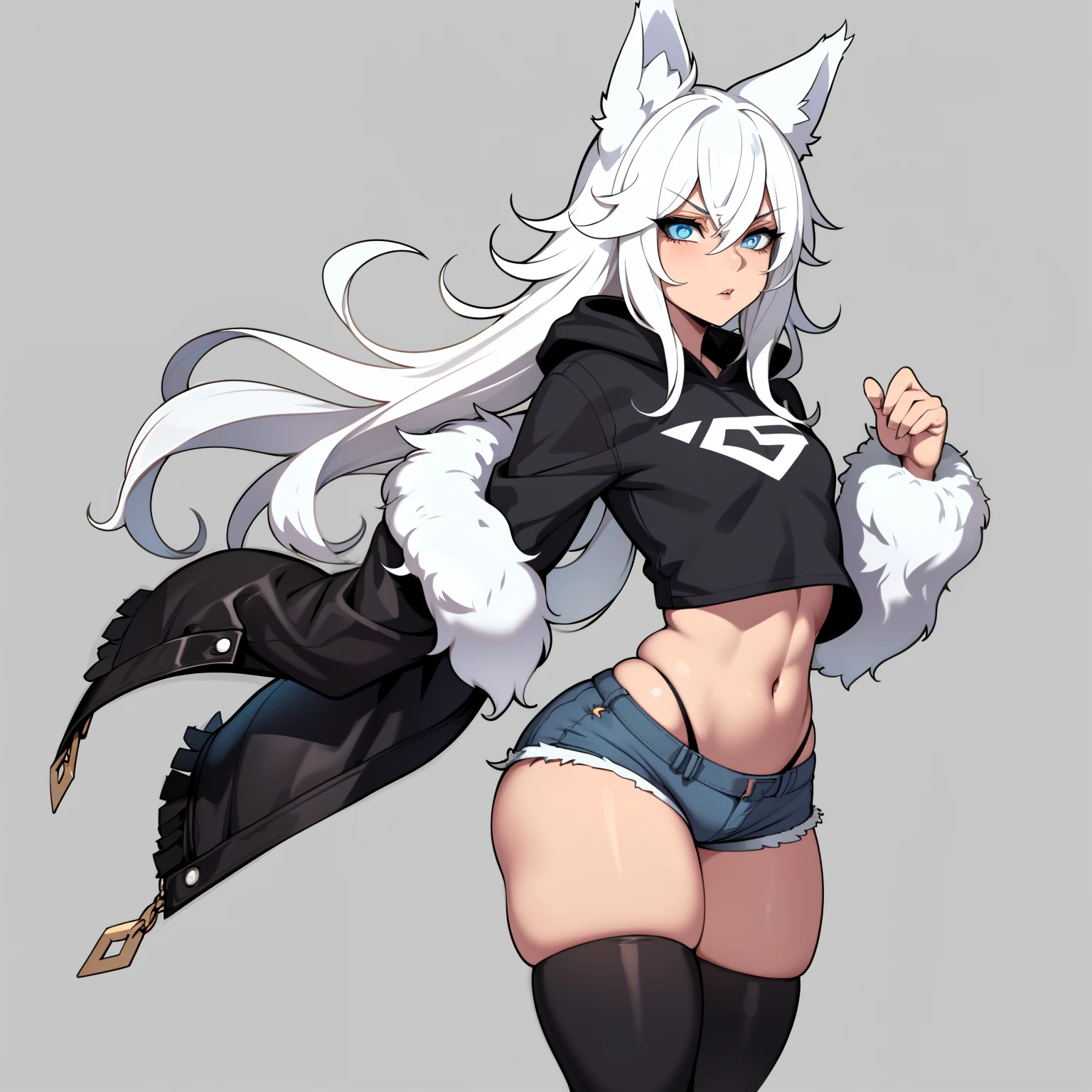 Single boy, Anime Femboy, Short, Long white hair, wolf ears, wolf tail, blue eyes, wearing jean short shorts, thigh high socks, black combat boots, wearing cropped black hoodie, flat chest, super flat chest, solo femboy, only one femboy ((FLAT CHEST)), wide hips, thicc thighs