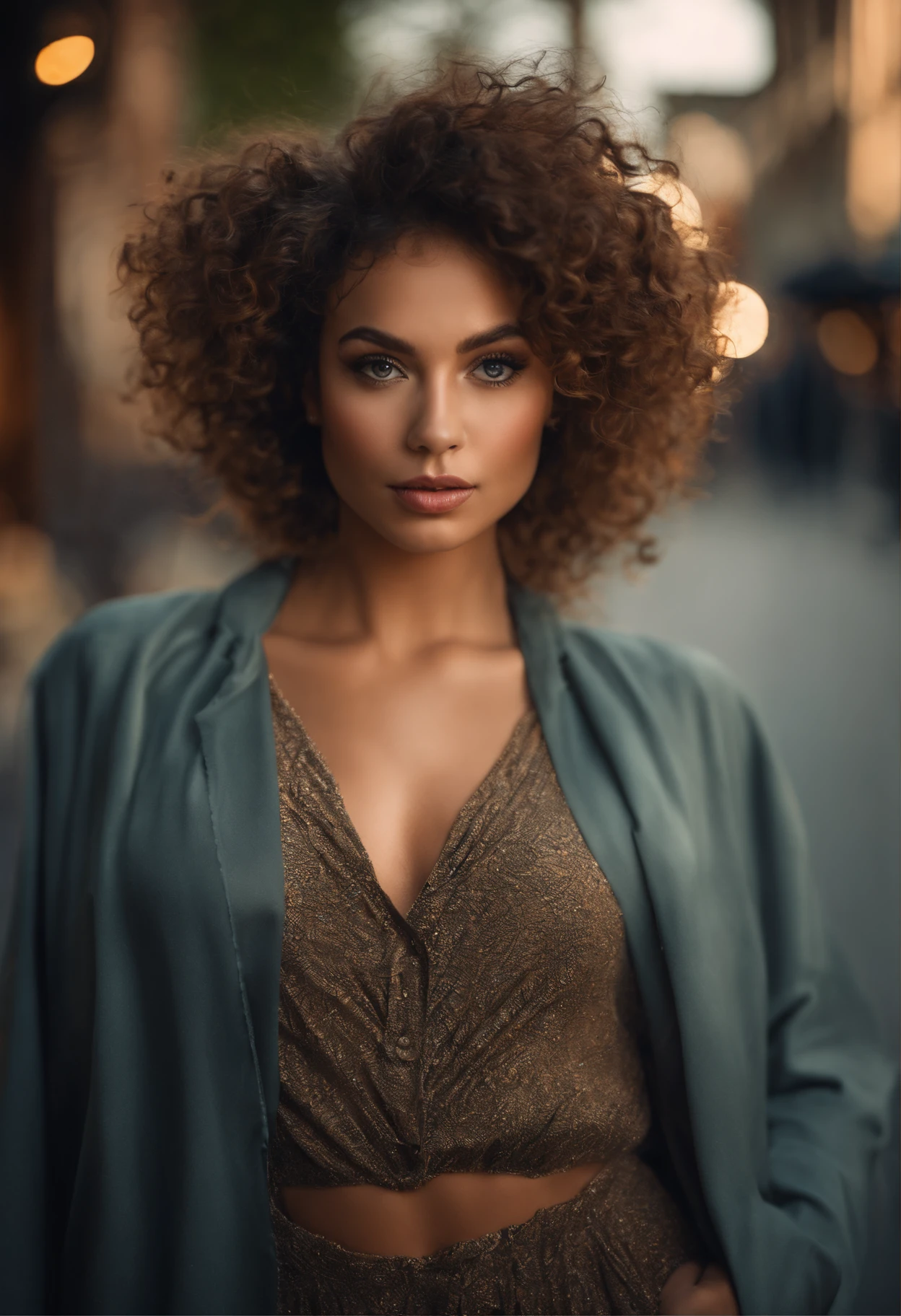 (sharp focus:1.2), photo, attractive young woman, (beautiful face:1.1), detailed eyes, luscious lips, (cat eye makeup:0.85), (large eyes:1.0), (toned body:1.2), (curly hair:1.2), (curvy body :1.2), wearing (romper:1.2) on a (street:1.2). (moody lighting:1.2), depth of field, bokeh, 4K, HDR. by (James C. Christensen:1.2|Jeremy Lipking:1.1).
