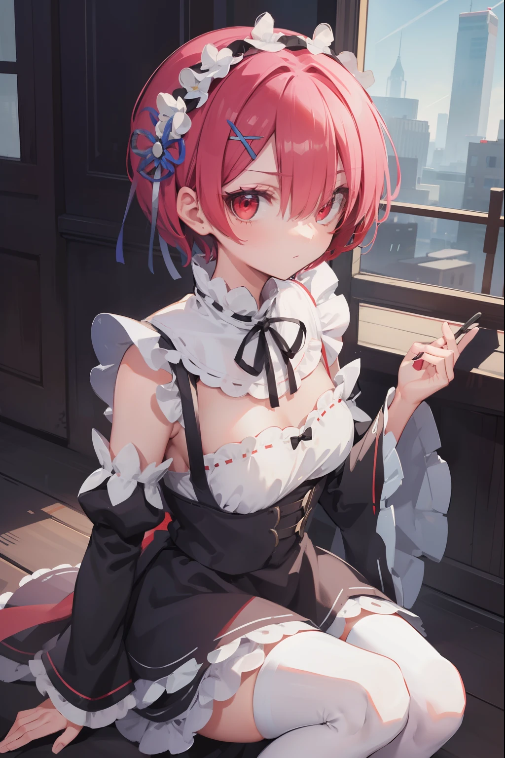 rezeroram, ram, hair flower, hair ornament, hair over one eye, pink hair, (red eyes:1.5), short hair, x hair ornament,
BREAK apron, black bow, black dress, black ribbon, bow, detached sleeves, dress, frilled apron, frilled sleeves, frills, juliet sleeves, long sleeves, maid, neck ribbon, puffy sleeves, ribbon, roswaal mansion maid uniform, thighhighs, two-tone dress, waist apron, white bow, white dress, white thighhighs,,
BREAK outdoors, city,
BREAK looking at viewer, BREAK (masterpiece:1.2), best quality, high resolution, unity 8k wallpaper, (illustration:0.8), (beautiful detailed eyes:1.6), extremely detailed face, perfect lighting, extremely detailed CG, (perfect hands, perfect anatomy),
