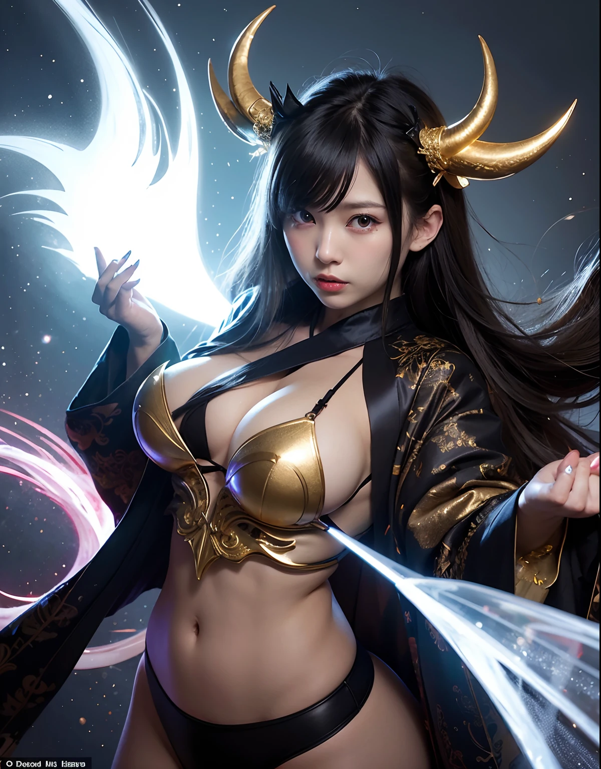 ((World of Darkness)),Professional , masterpiece、top-quality、photos realistic , depth of fields 、Dark Fantasy、(a beauty girl)、(shooting stars:0.9)、(nebulas:1.3)、A dark-haired、(White bikini armor)、(Mystical expression)、(The fox has five tails)((Fight dragons)),(Wear a beautiful kimono),(Wear a beautiful kimono with colorful floral patterns)、Jewel Gold Weapon、Particles of light),(Has a devil's mask)、Gorgeous gold weapons ,(( Gorgeous Dragon Sword)) , (Fox Mask),,(maikurobikini) 、((Black Haired Beautiful Girl))、(Castle background)、(demonic wings)、((Gangle's forest background))、Beautiful Caucasian beauty、1a person、dynamic ungle,(((Two devil's horns on the head)))、Smaller head、Idle Smile、Thin and beautiful female hands、Mystical expression、Light Effects、intense fighting、Wind-effect、magic circles、With the legendary magic wand、Dragon's tail、