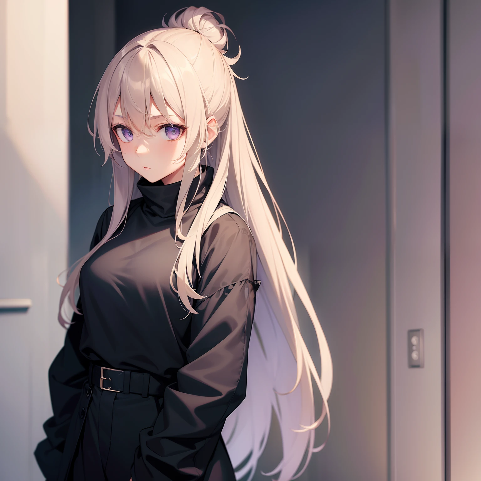 A girl with long Khaki hair tied in a bun, lavender eyes, average height, black aesthetic outfit