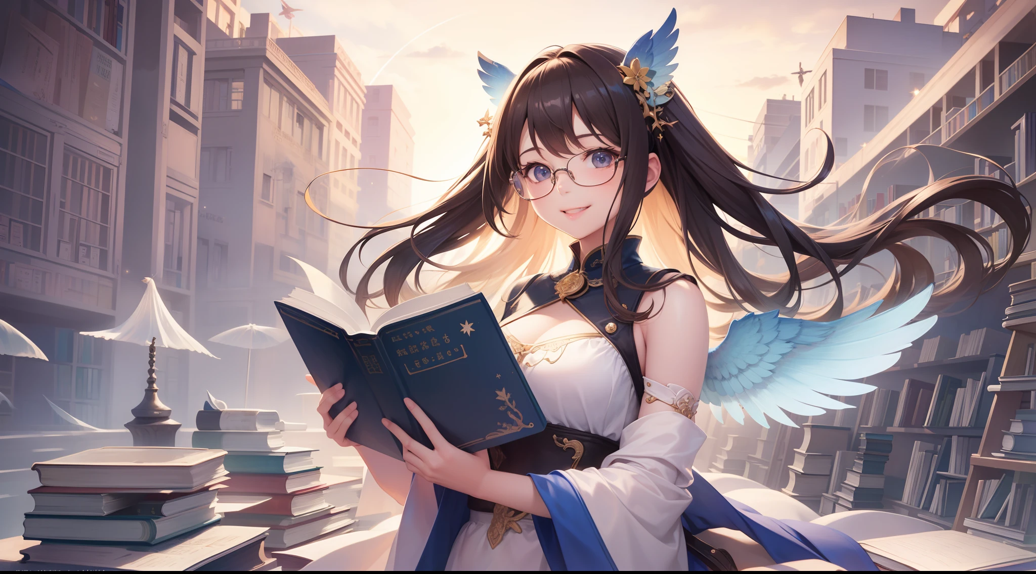 Winged little girl,Large breasts,Intimate underwear,sandbeach,blue-sky,baiyun,(Books:1.4),Very many books,Super many books,Long brown hair, Floating hair, side locks, Beautiful detailed glass hair, Delicate beautiful face,Wearing glasses, Happy smile,universe background,Cosmic Galaxy,solar system