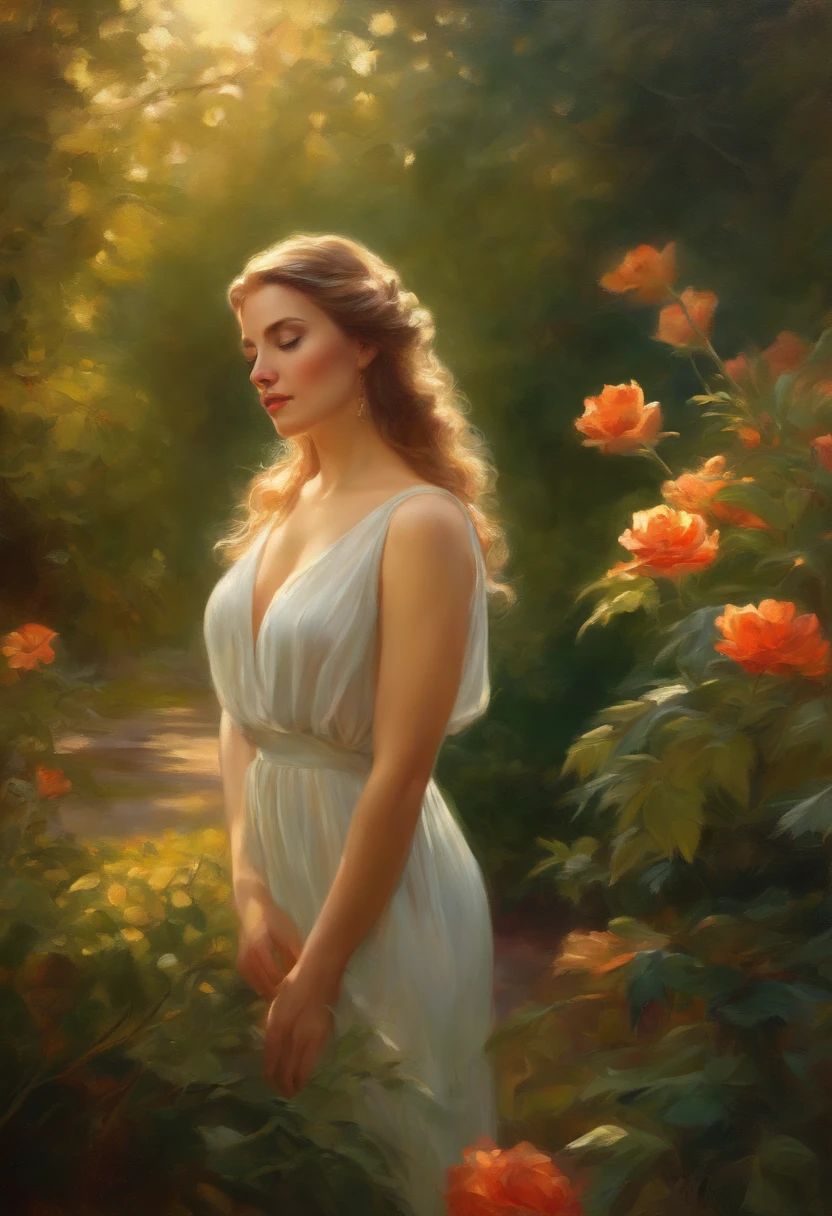 A naked woman in a beautiful garden, oil painting, detailed facial features, long eyelashes, flawless skin, graceful pose, sunlight streaming through the trees, vibrant colors, realistic style, soft and warm color tones, masterful brushwork, high-resolution depiction, fine details, professional artwork, harmonious composition.